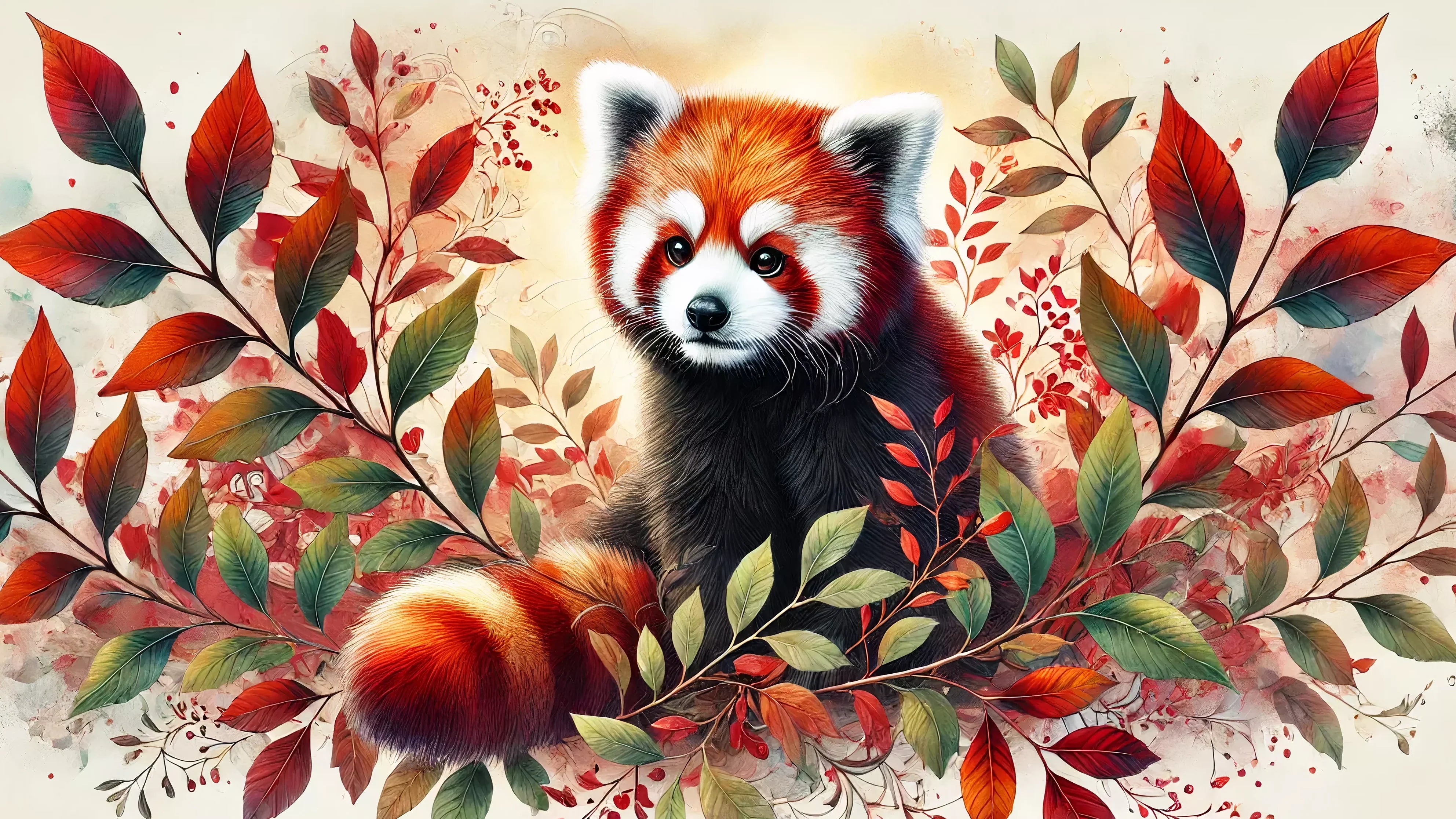 Collection de Tableaux Panda roux illustrant des œuvres fascinantes entourées de feuillage coloré