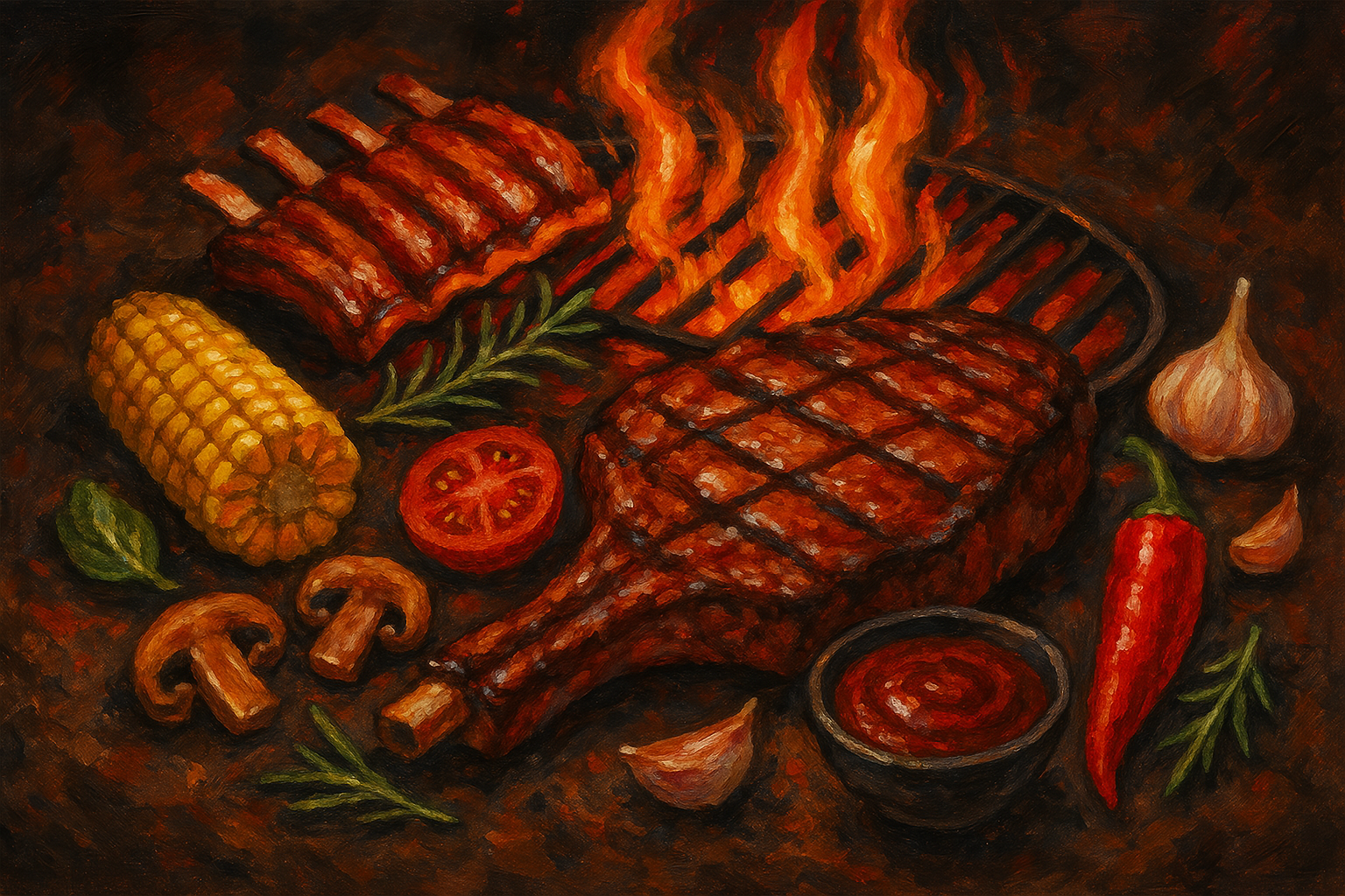 Collection chaleureuse de tableaux pour restaurant de grillade aux couleurs ambrées et compositions évocatrices, créant une atmosphère conviviale qui sublime l'expérience culinaire authentique.