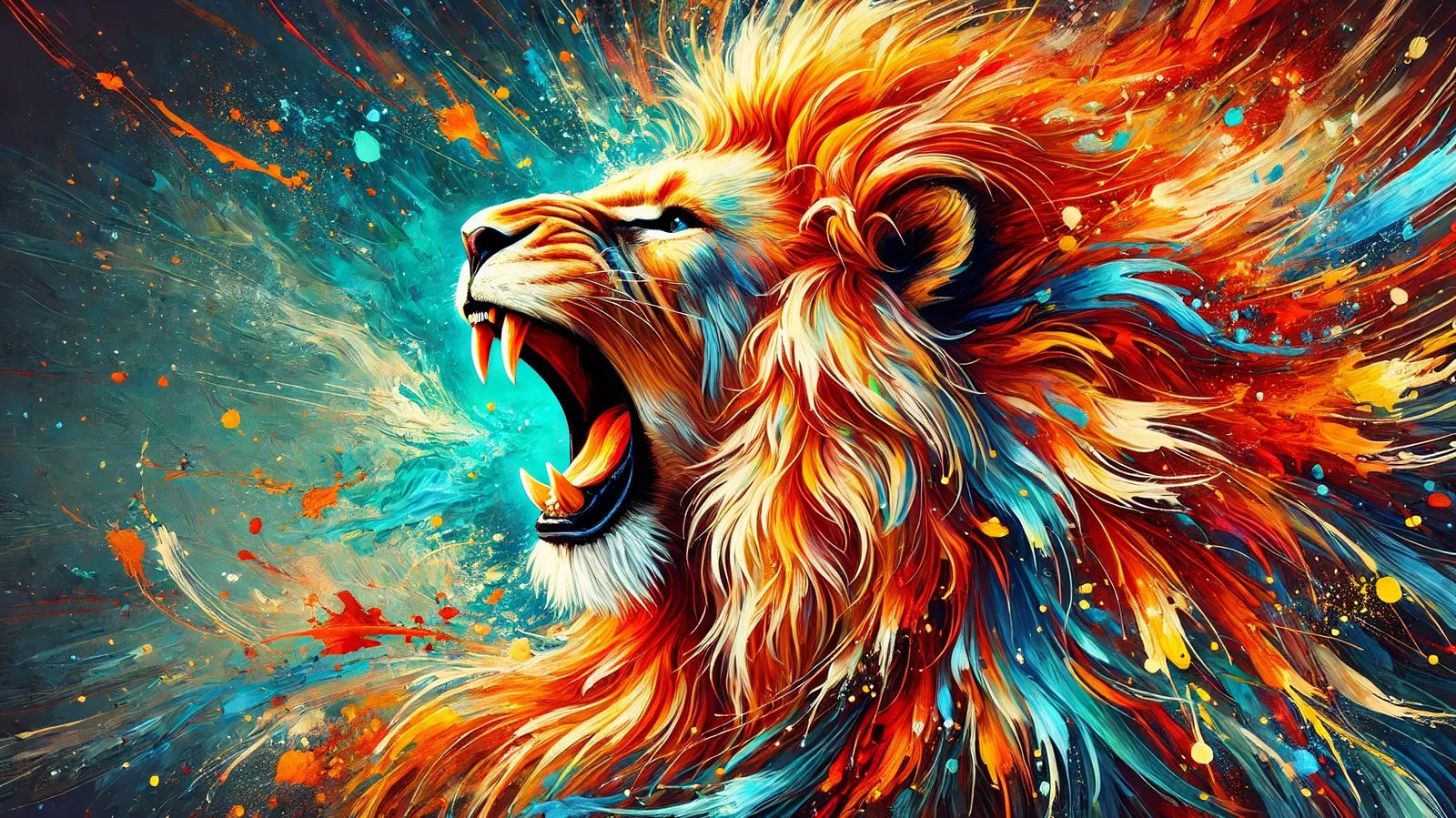 Tableau vibrant représentant un lion rugissant avec des couleurs éclatantes dans un style artistique moderne