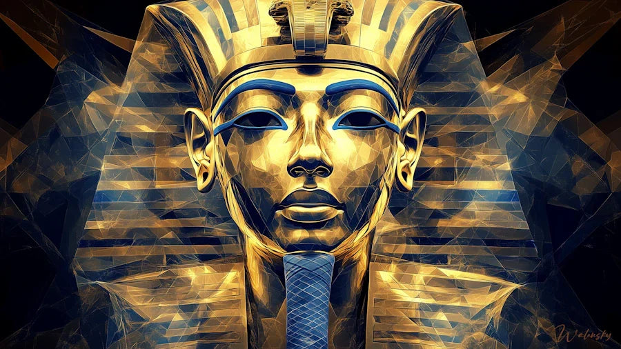 Collection artistique Egypte présentant des œuvres murales inspirées de l'art pharaonique antique, pyramides, hiéroglyphes et divinités égyptiennes pour décoration intérieure.