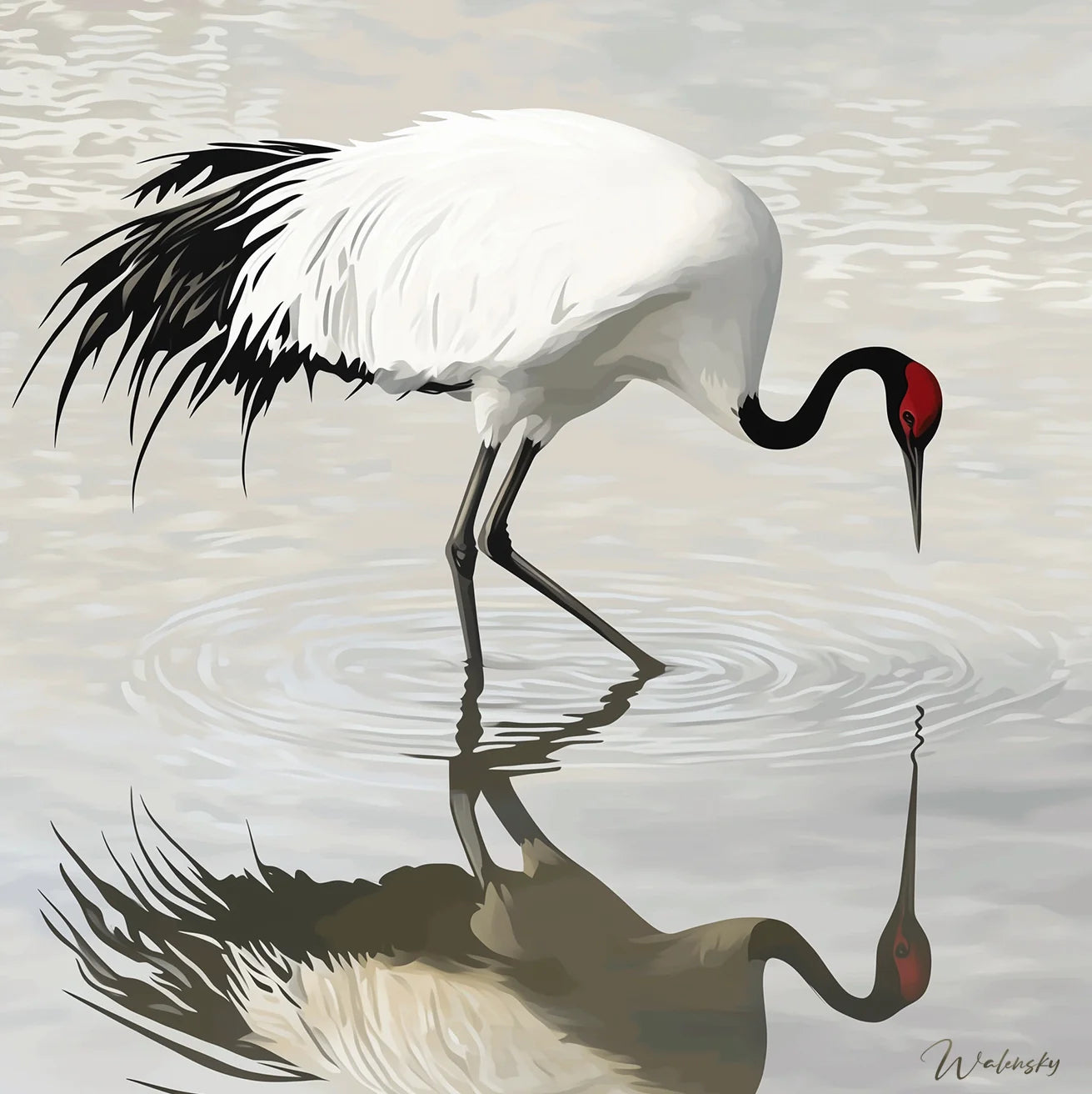 Tableau artistique d'une grue élégante en position gracieuse, œuvre d'art ornithologique mettant en valeur la beauté naturelle de cet oiseau majestueux.