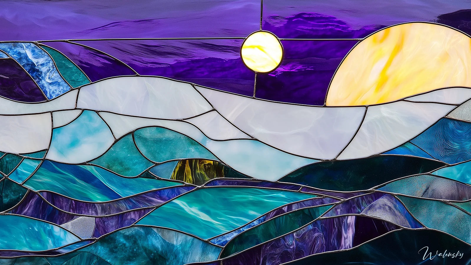 Tableau style vitraux aux couleurs éclatantes représentant des motifs géométriques complexes qui captent et diffusent la lumière, créant une atmosphère unique et chaleureuse dans tout espace de vie.