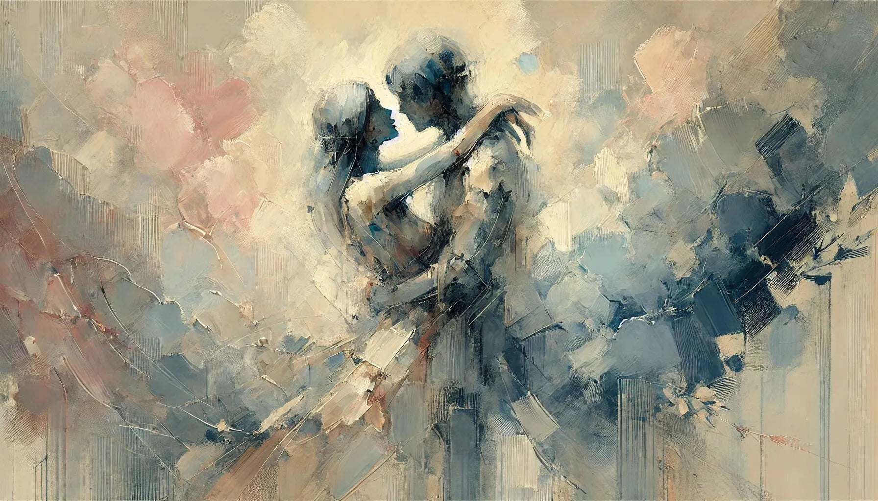 Tableau abstrait représentant une danse intime entre deux silhouettes humaines, capturant émotions et fluidité des mouvements
