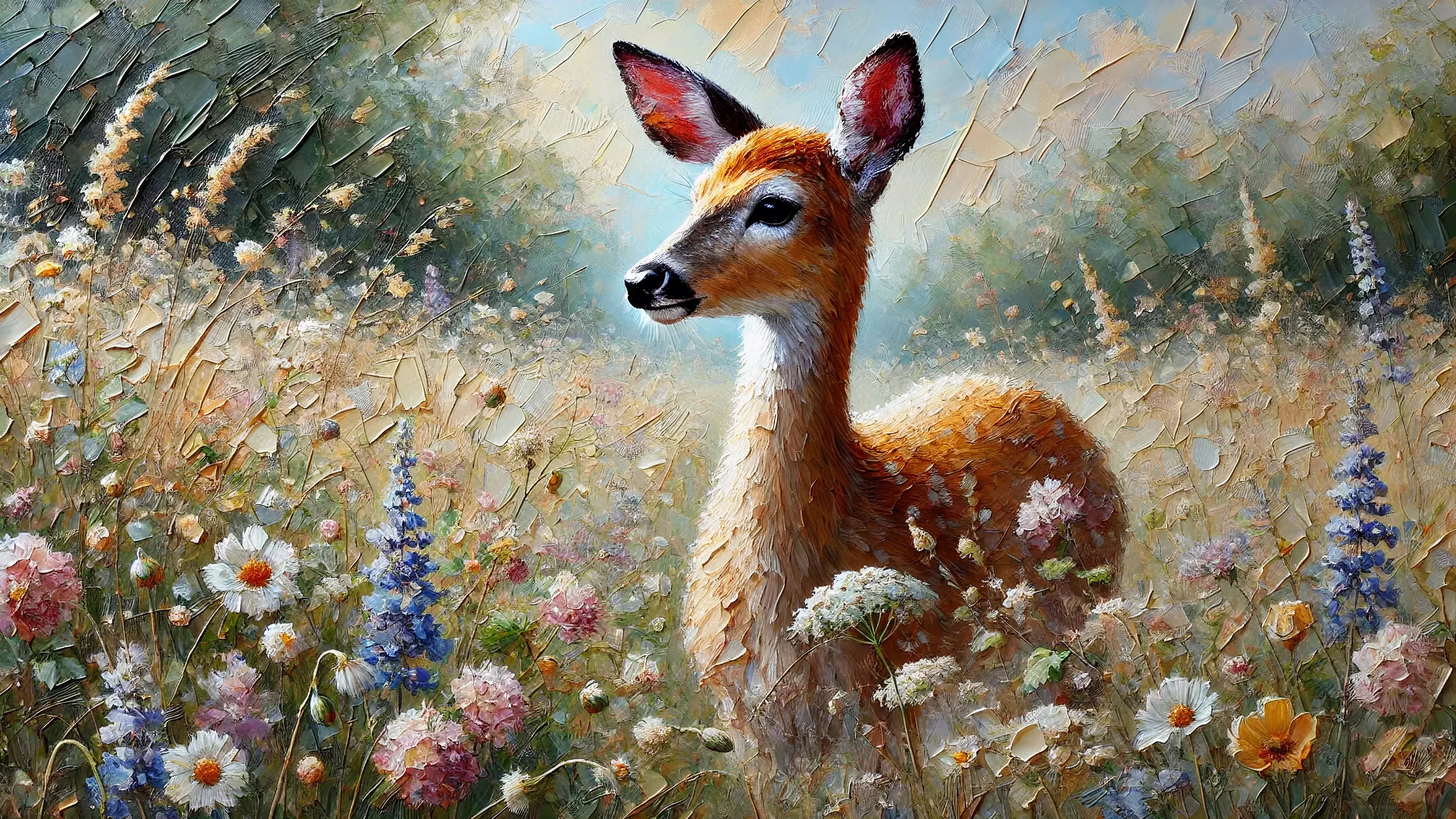 Tableau Biche illustrant la grâce de l'animal dans un champ fleuri, apportant élégance et sérénité à votre intérieur