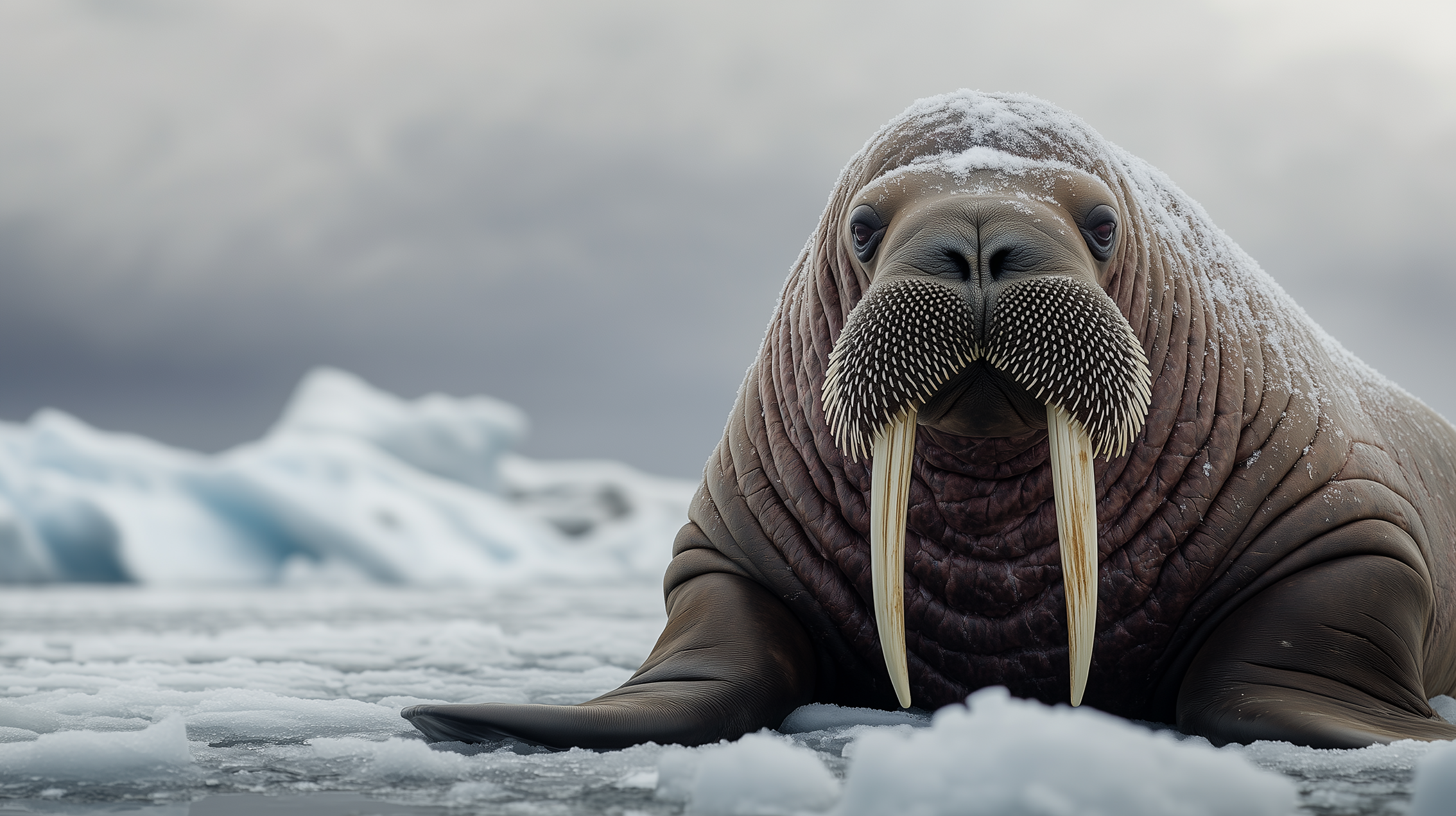 Tableau Morse illustrant le majestueux mammifère marin avec ses impressionnantes défenses dans son habitat naturel arctique entre banquise et eaux profondes.