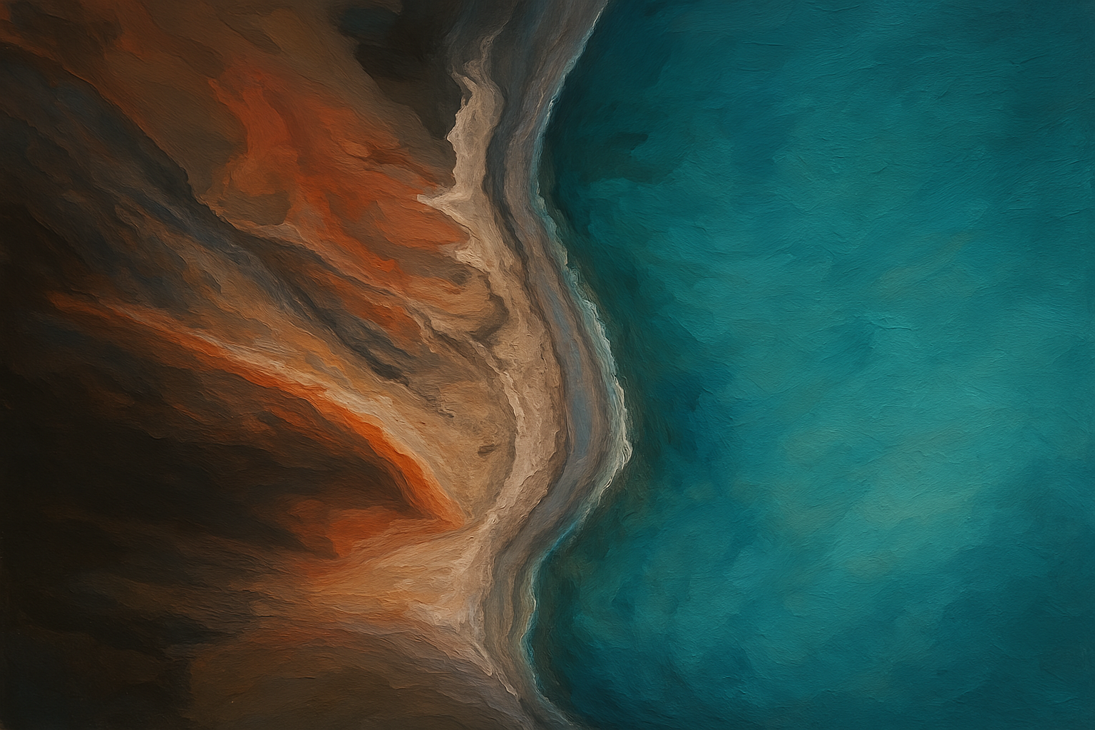 Tableau vue aérienne présentant un paysage vu du ciel aux formes géométriques naturelles et couleurs contrastées, révélant des motifs et textures invisibles depuis le sol.