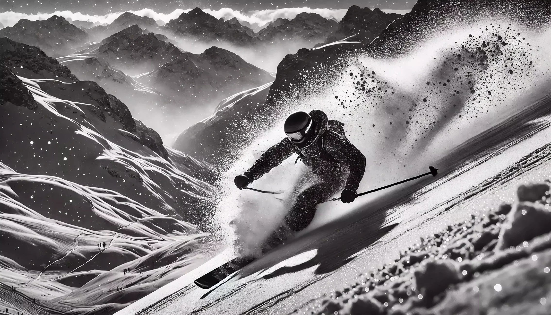 Tableau sports noir et blanc représentant un athlète en pleine action, capturant la puissance du mouvement et l'intensité de l'effort dans un contraste monochrome dramatique.