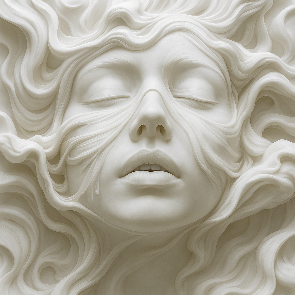 Tableau statue représentant une silhouette humaine inspirée de la sculpture classique, avec un jeu d'ombres et de lumières mettant en valeur les courbes et la posture noble de la figure.