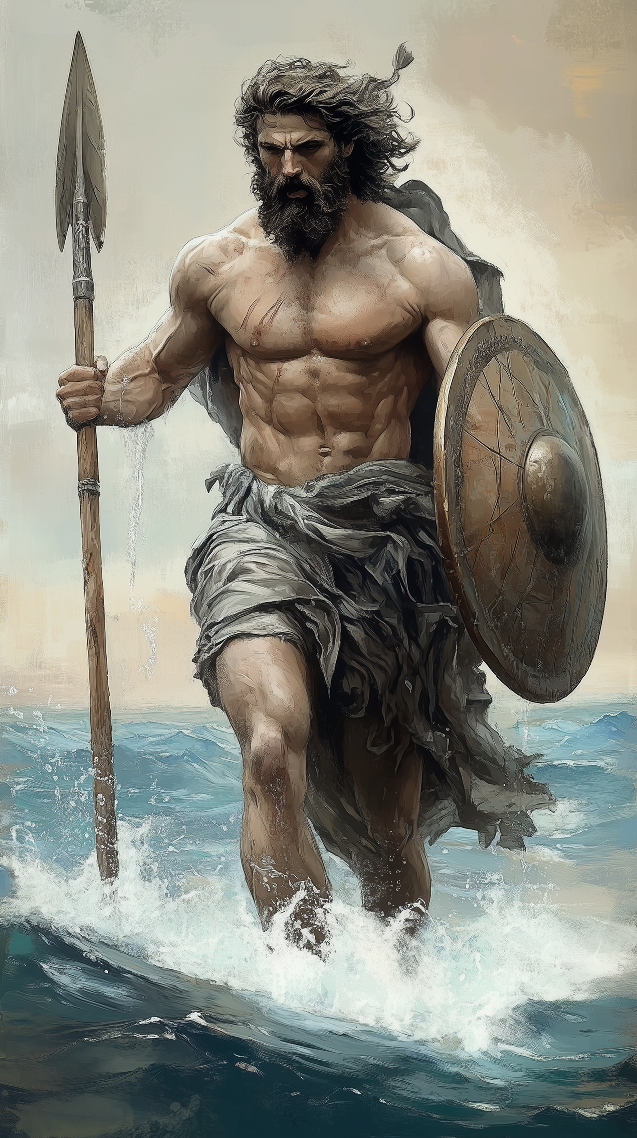 Tableau Ulysse représentant le héros grec lors de son odyssée épique, naviguant entre monstres mythologiques et épreuves divines dans une composition artistique captivante.