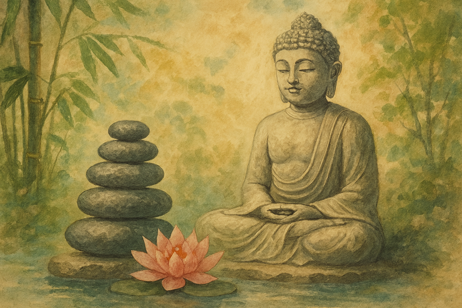 Tableau zen pour espace de méditation aux formes minimalistes et présence apaisante, créant un environnement visuel qui favorise le silence intérieur et la pratique contemplative.