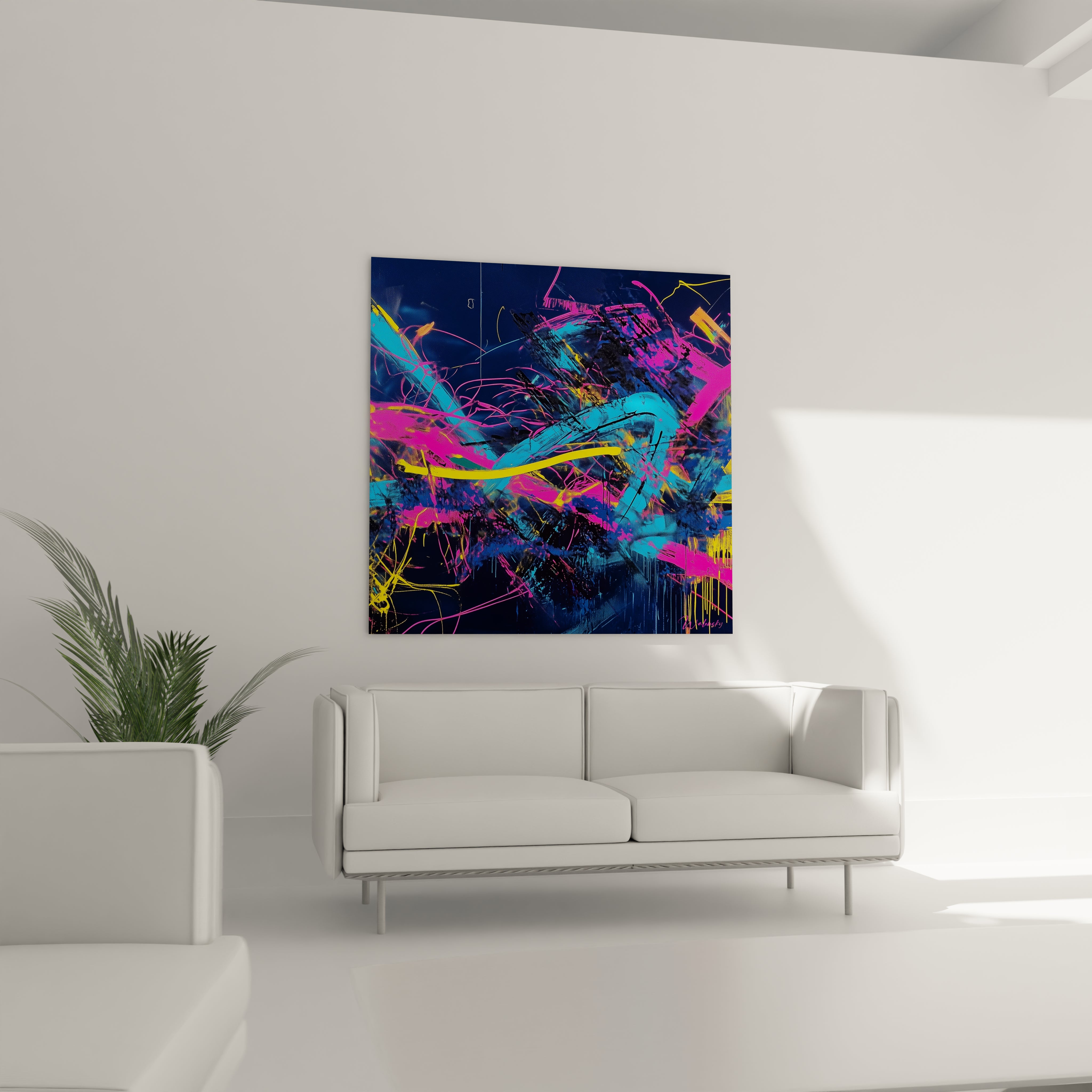 Un tableau street art caractérisé par une explosion de couleurs néon - bleu électrique, rose vif et jaune - sur fond sombre, avec des mouvements circulaires et des lignes dynamiques formant une structure visuelle complexe et énergique.