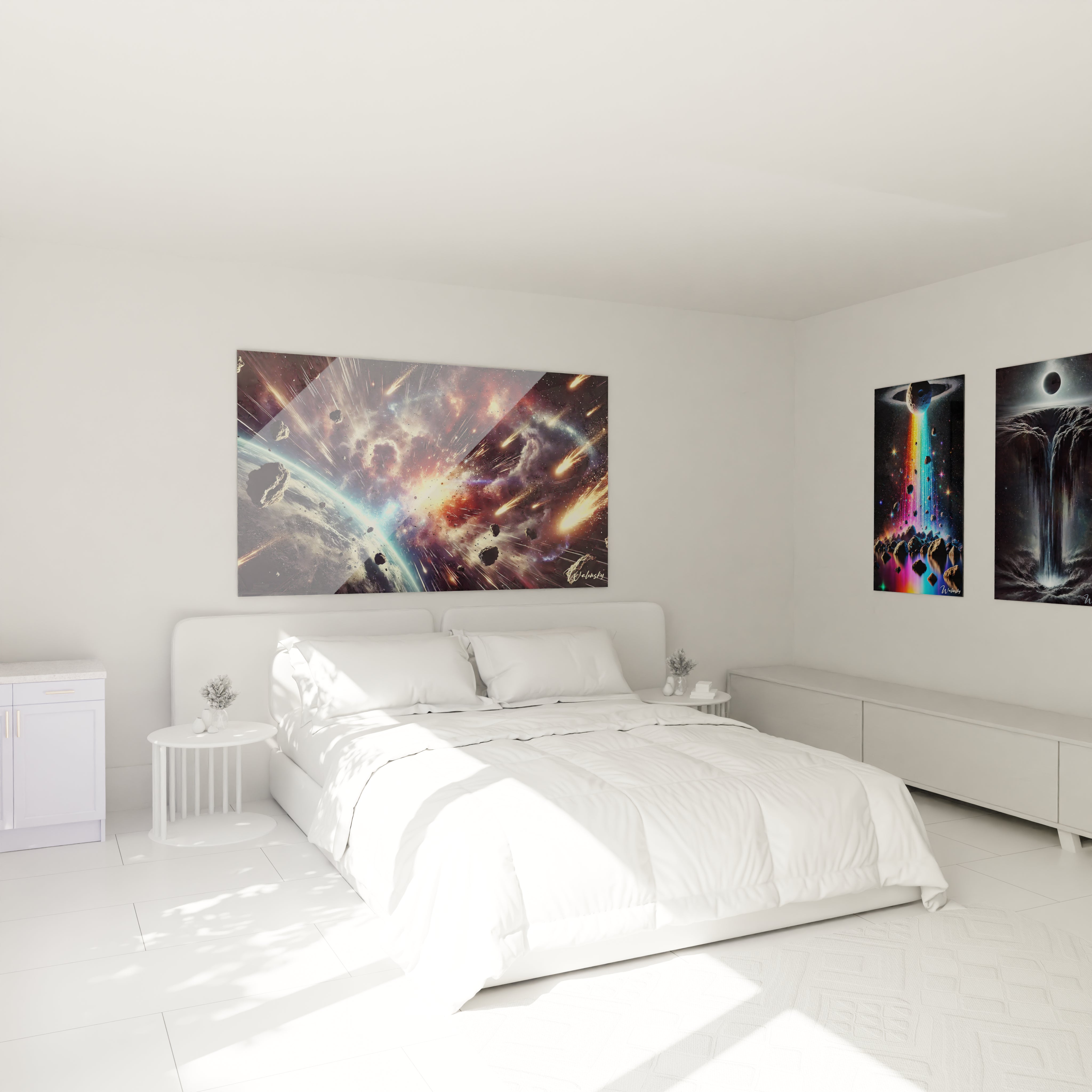 Le tableau espace au-dessus du lit offre un contraste saisissant entre les teintes lumineuses et la serenite de la chambre