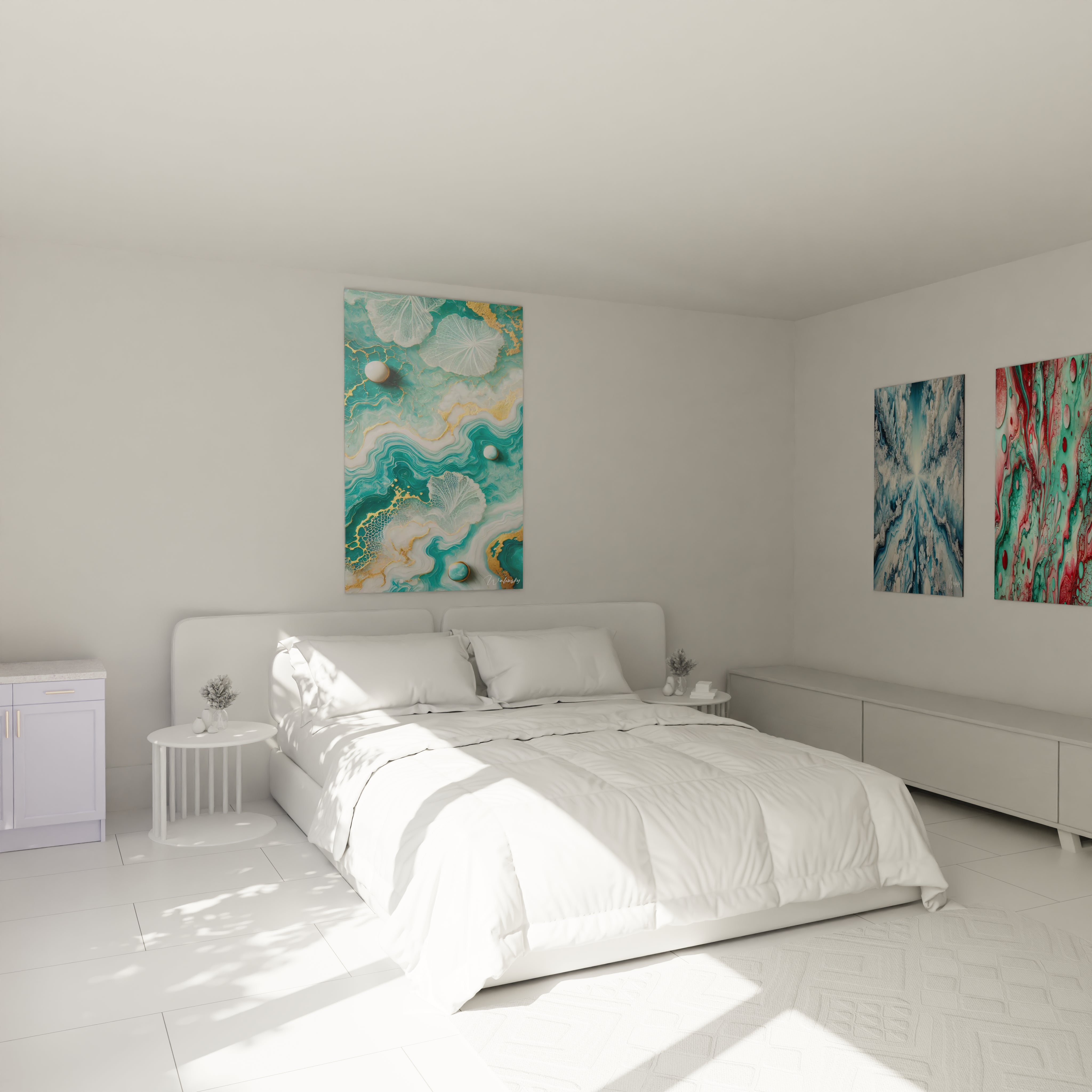 Tableau style epoxy suspendu au-dessus du lit, ajoutant une ambiance apaisante grâce aux teintes de vert et de blanc, et aux éclats dorés qui rappellent l’élégance des vagues sous l'eau.