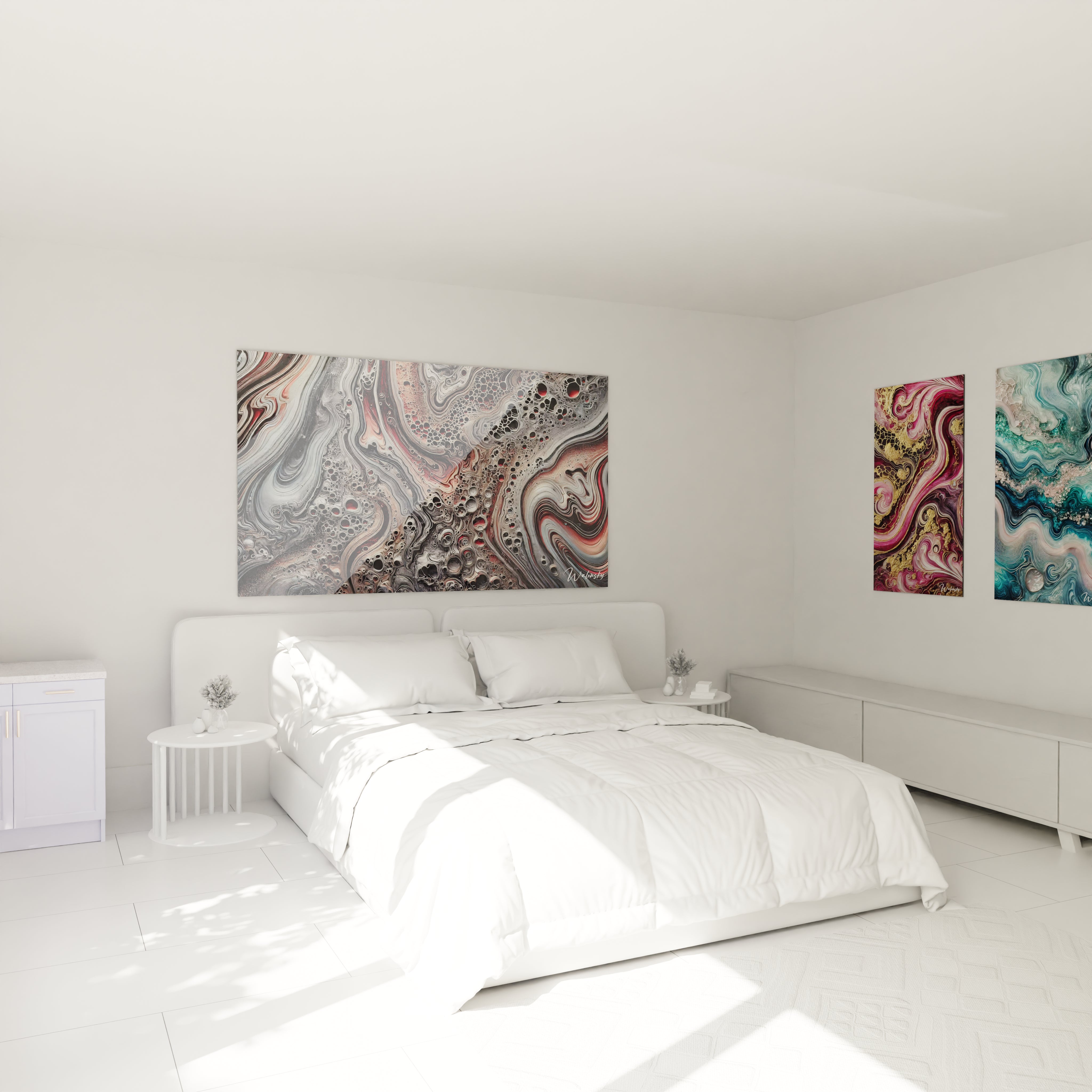 Le tableau style epoxy accroché au-dessus du lit dans une chambre. Ses spirales rouges et noires apportent une énergie mystérieuse et hypnotique, captant immédiatement l’attention.