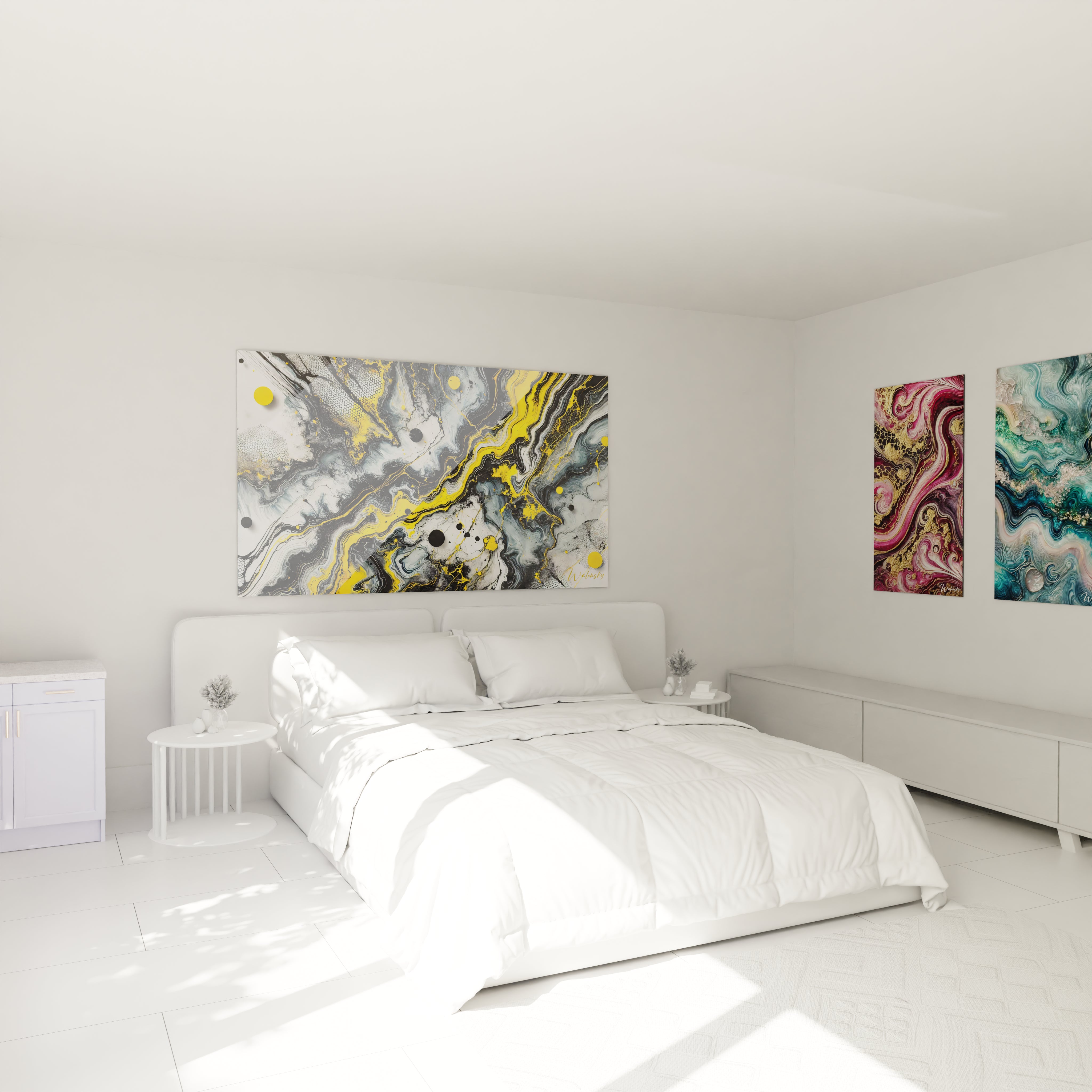 Ce tableau style epoxy au-dessus du lit illumine la chambre avec ses éclats de jaune et de blanc. Ses courbes fluides créent une ambiance de sérénité et de mouvement dans l'espace.