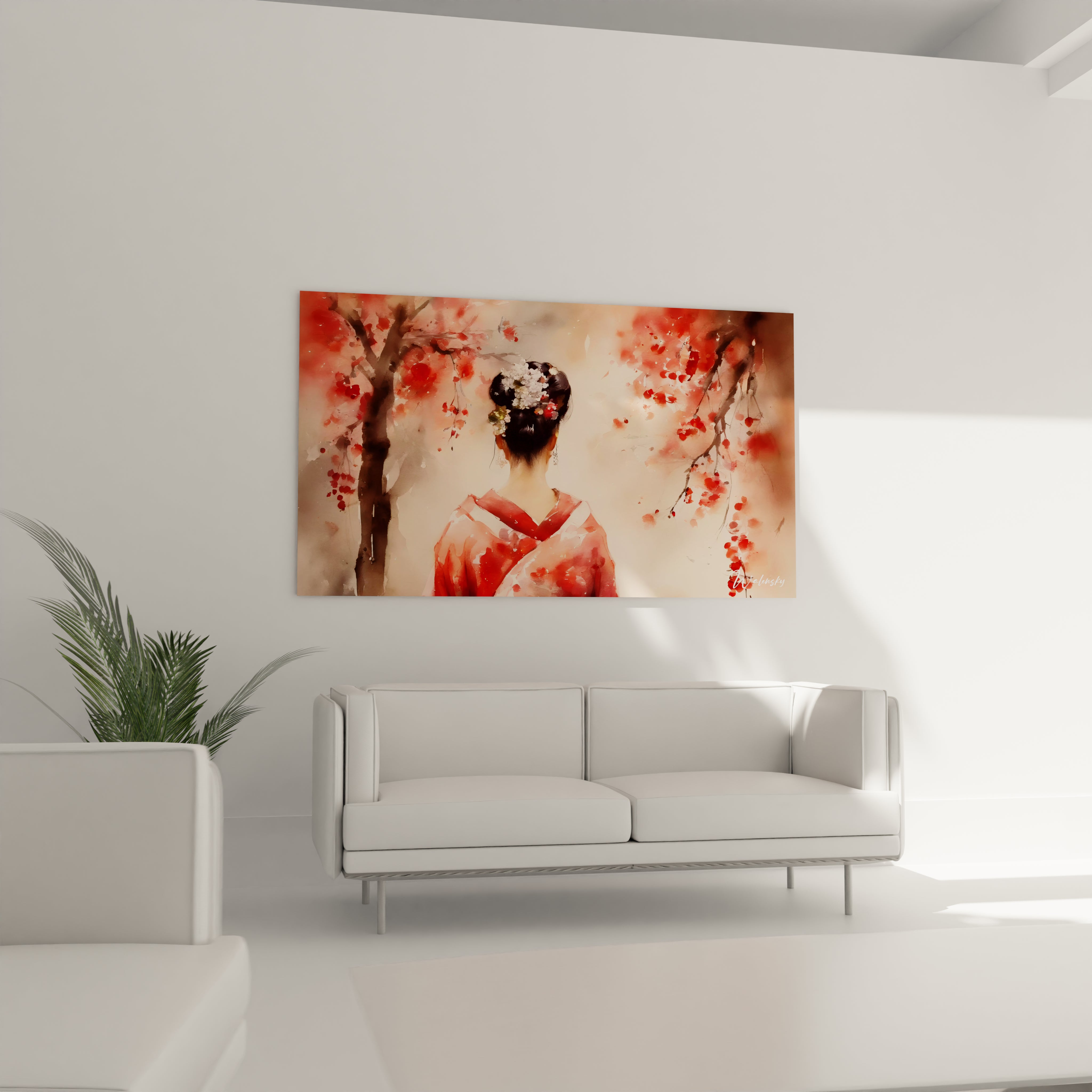 Tableau asie accroché au-dessus d’un canapé dans un salon raffiné avec des branches de cerisier et une femme en kimono.