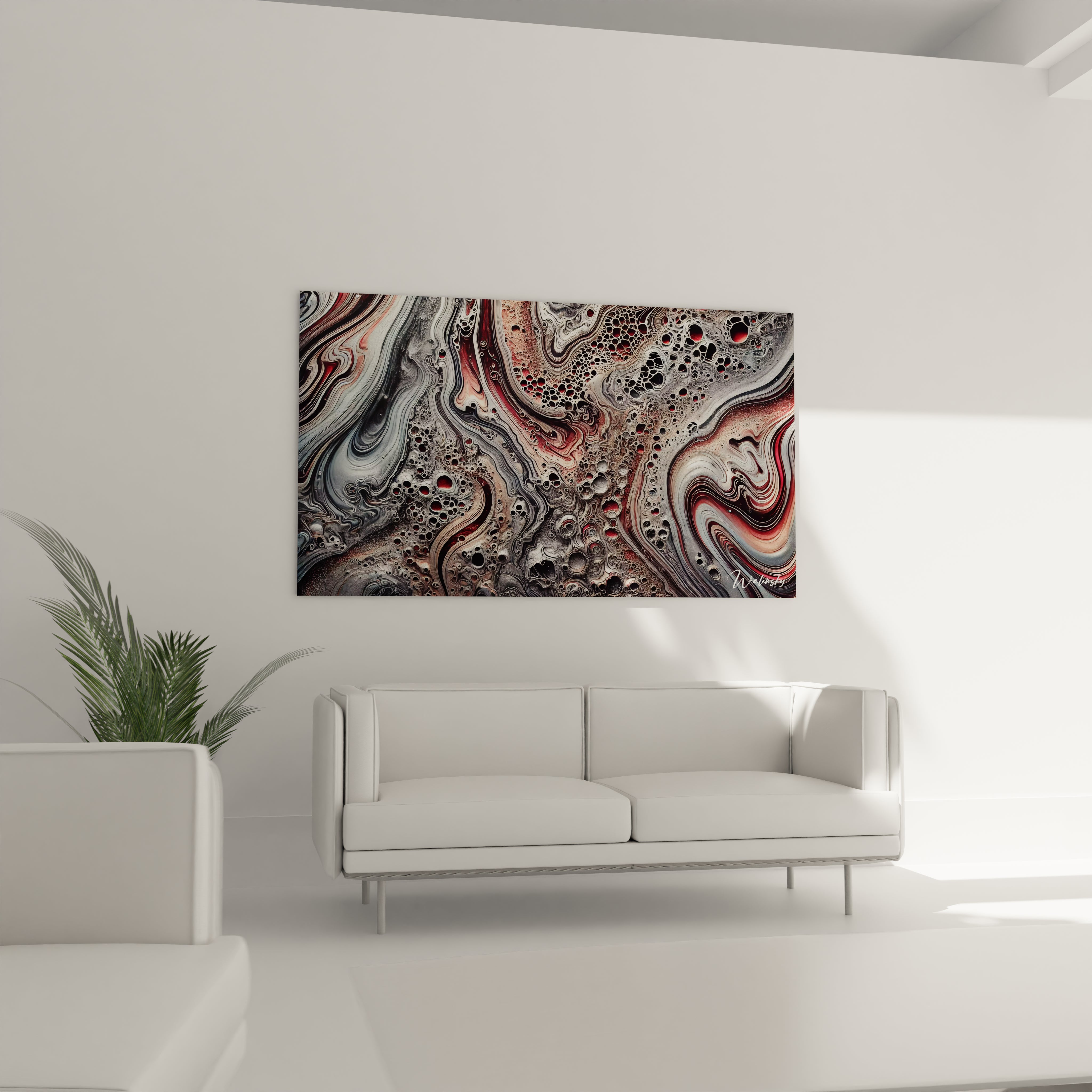Tableau style epoxy suspendu dans un salon au-dessus du canapé. L’intensité de ses couleurs et ses formes organiques dynamisent l’espace, créant une atmosphère à la fois calme et électrisante.