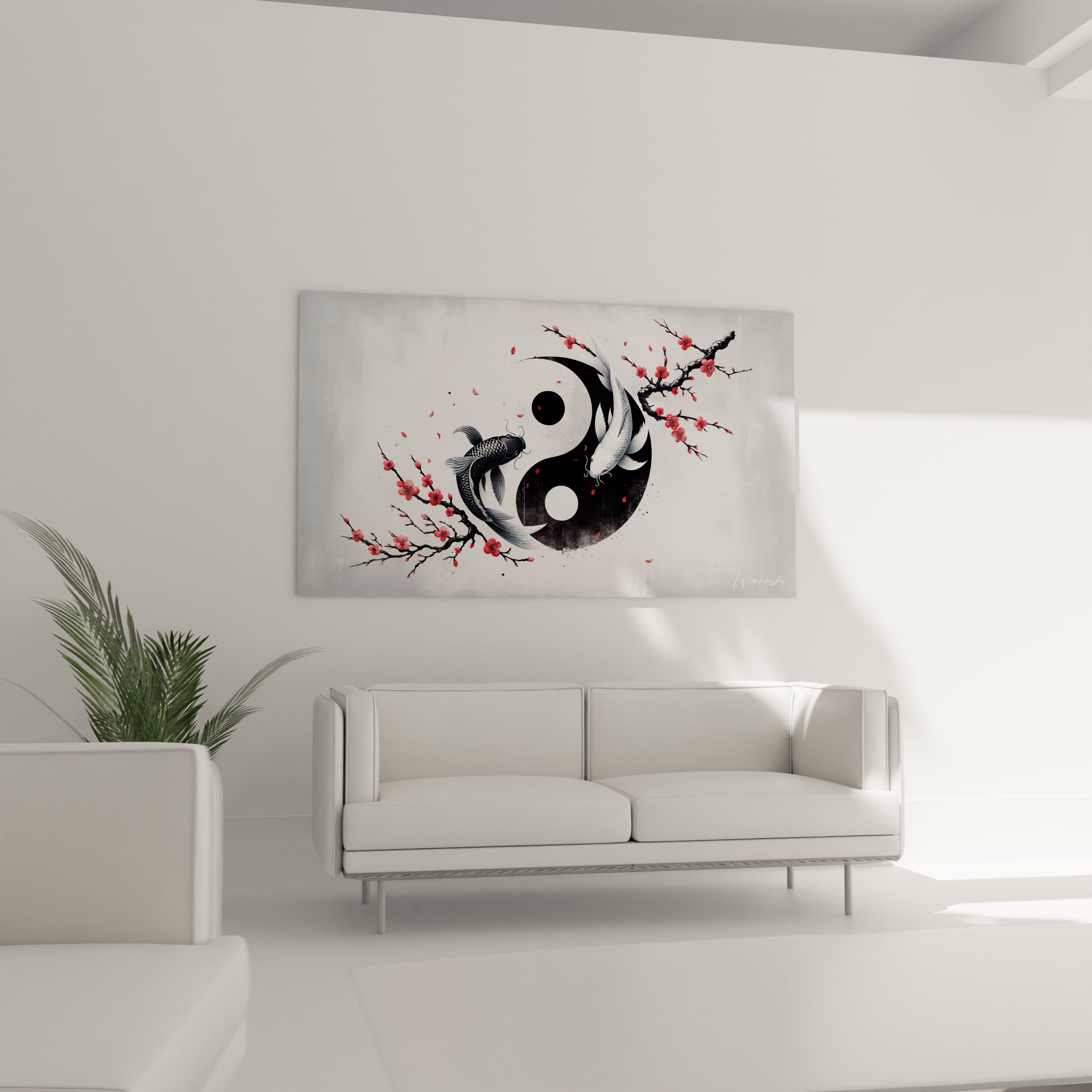 tableau asie carpes koï nageant en cercle accroché au mur au-dessus d’un canapé cerisier en fleurs noir blanc rouge