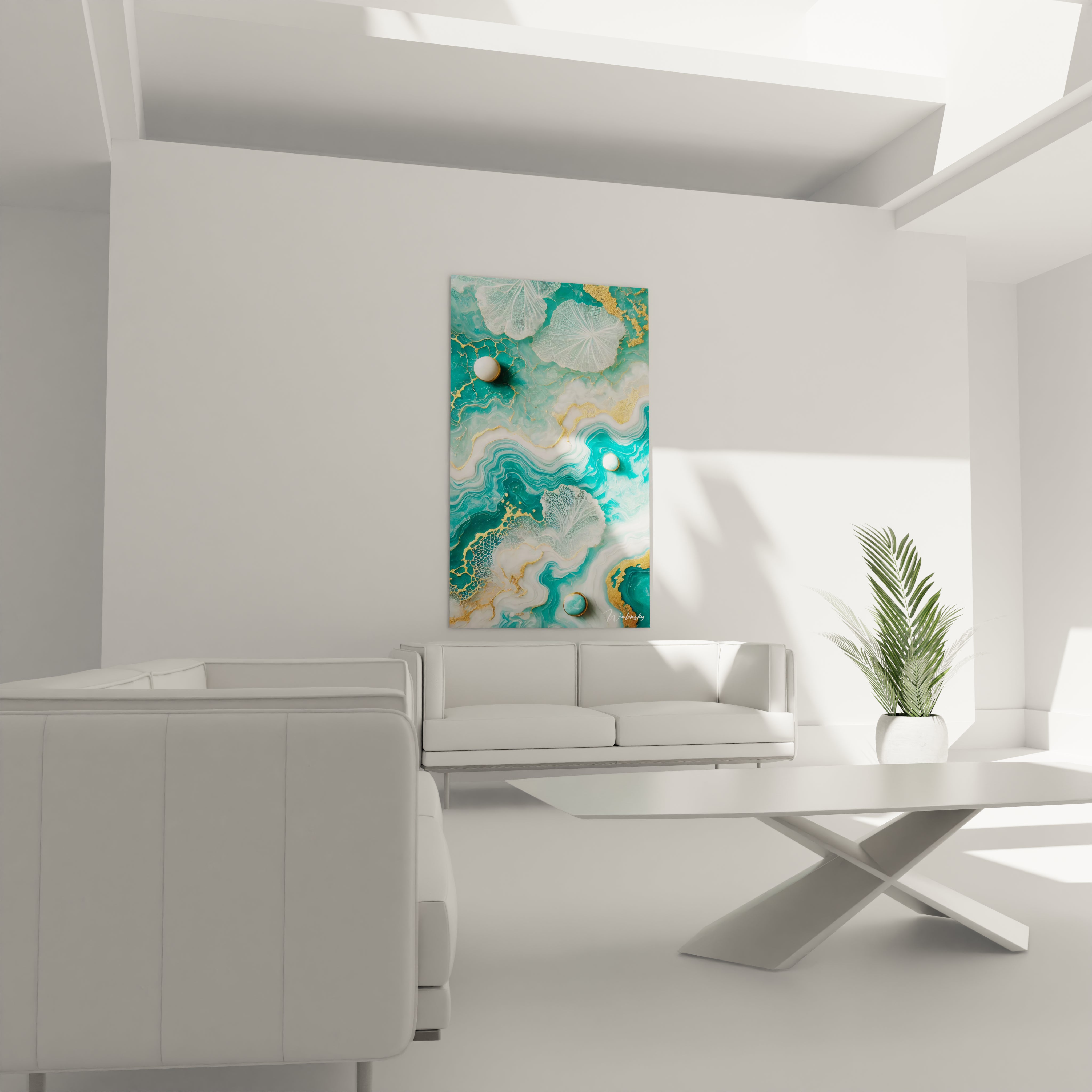 Tableau style epoxy accroché au-dessus du canapé, ses formes organiques et ses couleurs apaisantes créent une atmosphère sereine, évoquant l'immensité de l'océan et la beauté des courants marins.