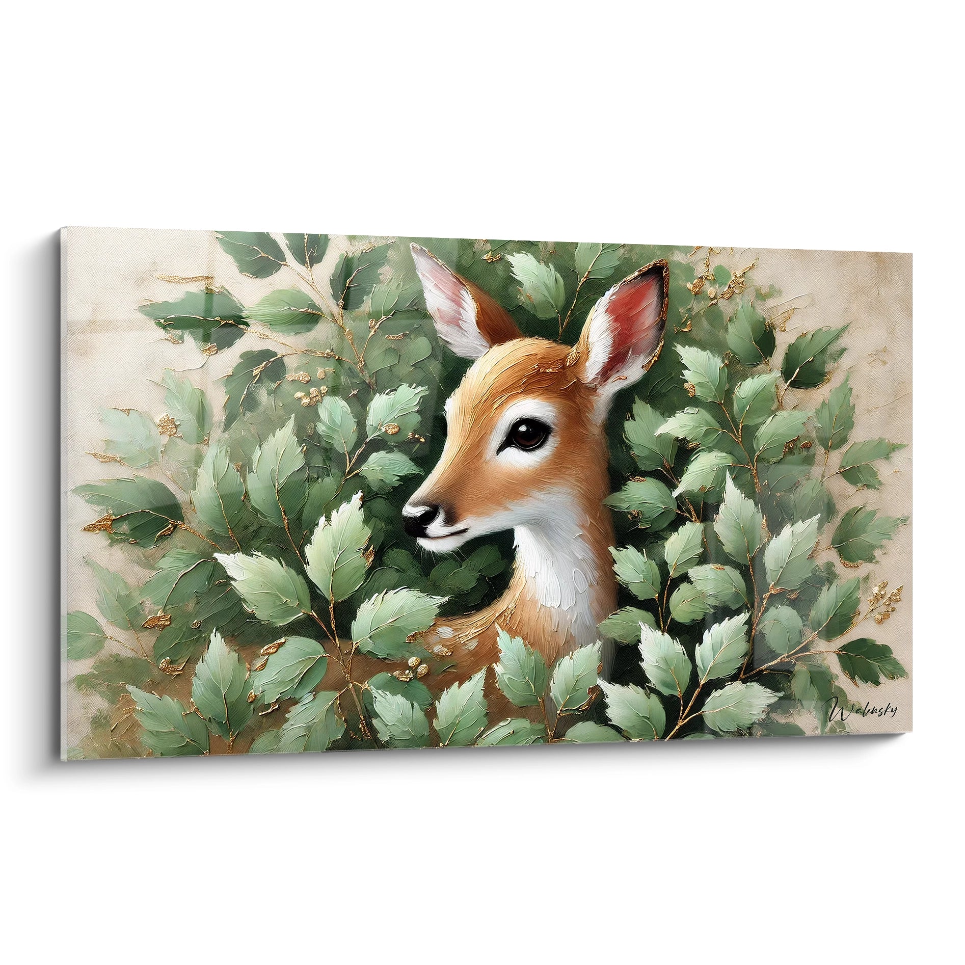 Ce tableau biche présente l'élégance de cet animal dans un feuillage luxuriant. Les détails dorés et les nuances de vert ajoutent une touche de sophistication à votre espace.