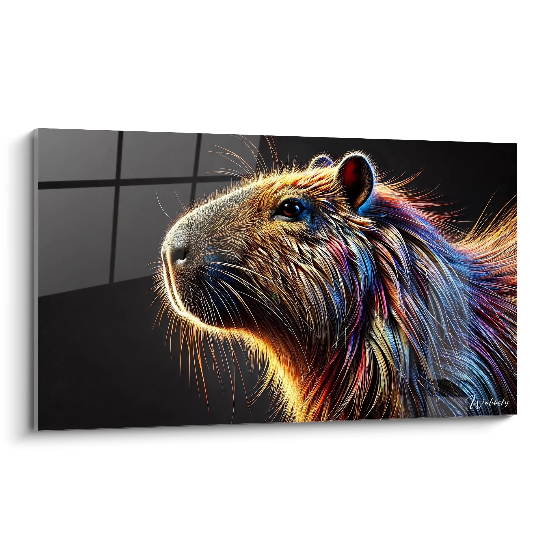 Ce tableau capybara vue de biais révèle des détails saisissants. Les couleurs vives capturent la majesté de l'animal, créant une pièce vibrante et unique pour tout espace contemporain.