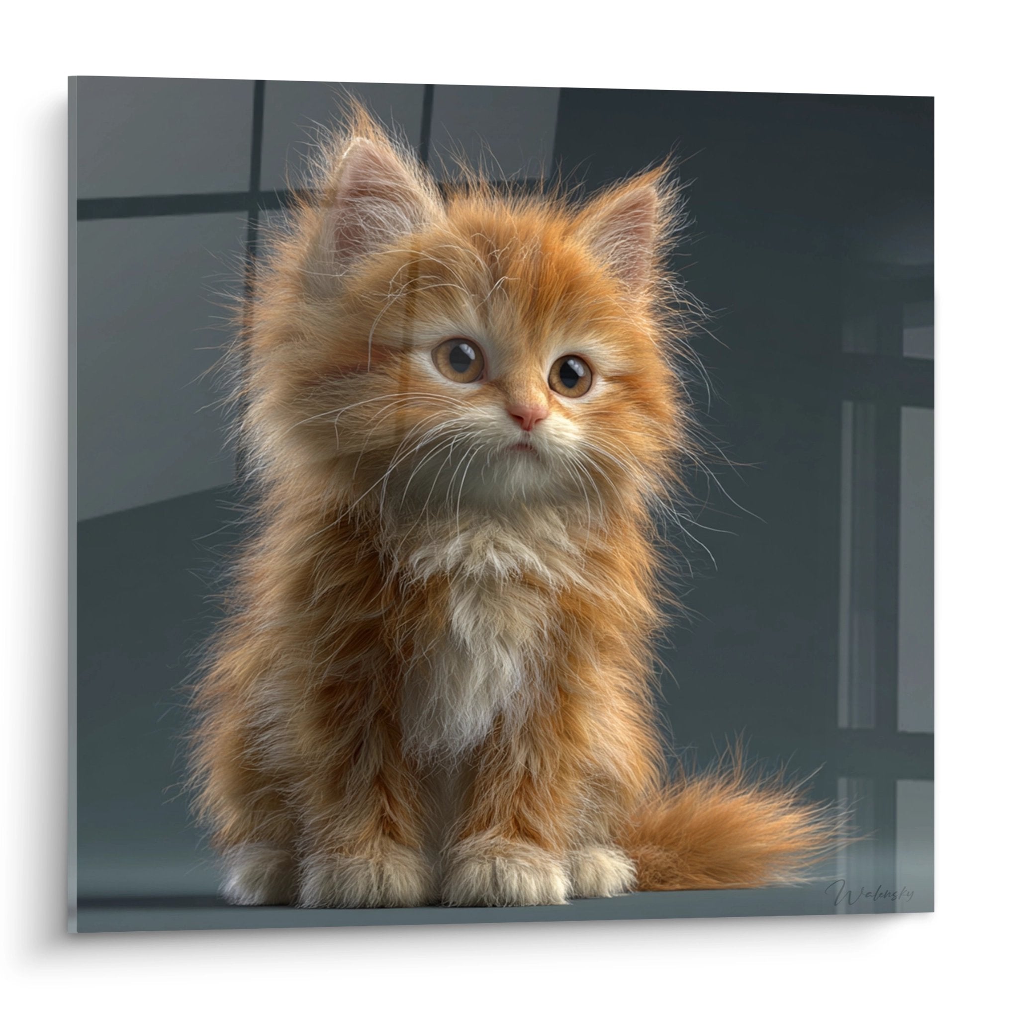 Wandkunstwerk, das ein süßes rothaariges American-Bobtail-Kätzchen mit goldenen Augen im realistischen Stil darstellt