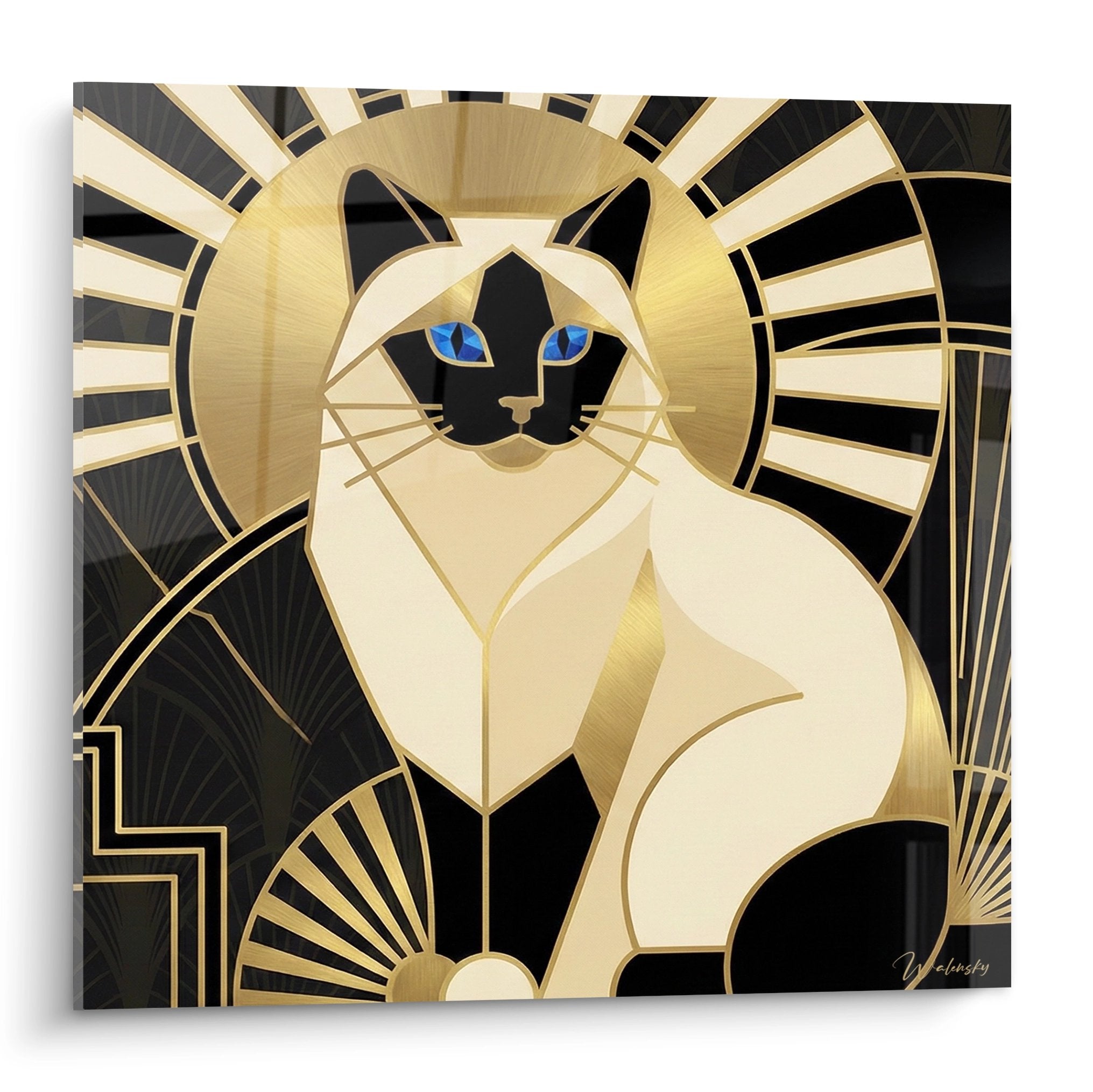 Art deco wall art featuring a stylized Birman cat with blue eyes on a geometric gold and black background