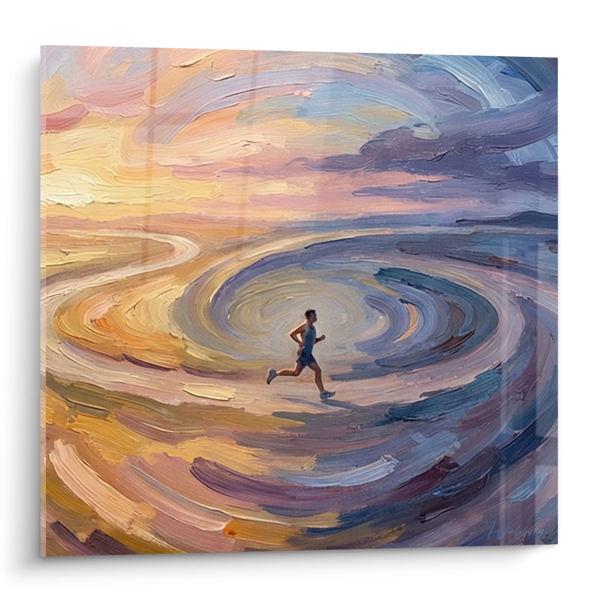 Artistic painting depicting a runner at the center of a cosmic spiral with golden and blue tones, impressionist style