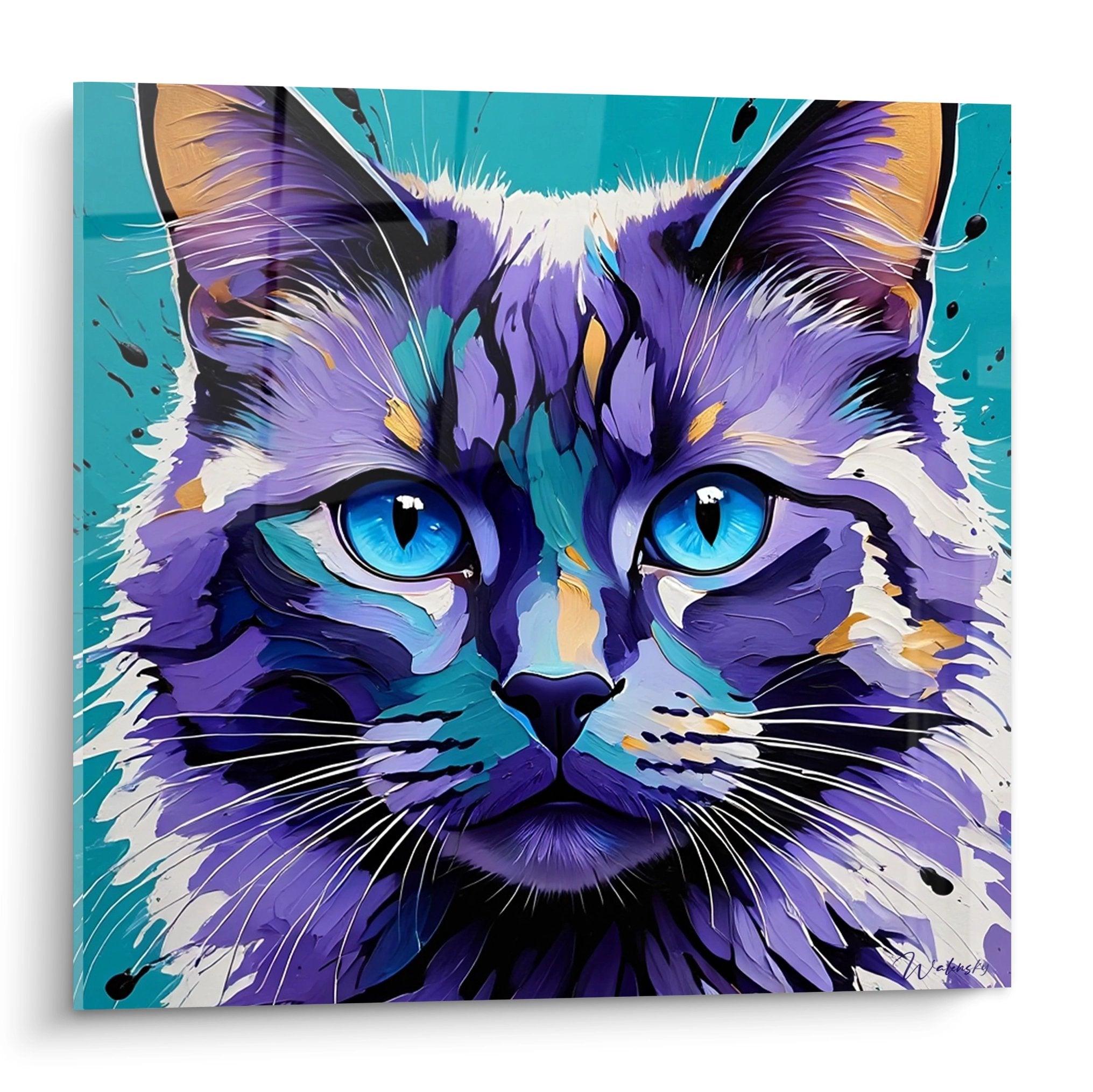 Modern Birman cat painting with blue eyes, purple and turquoise palette, contemporary style