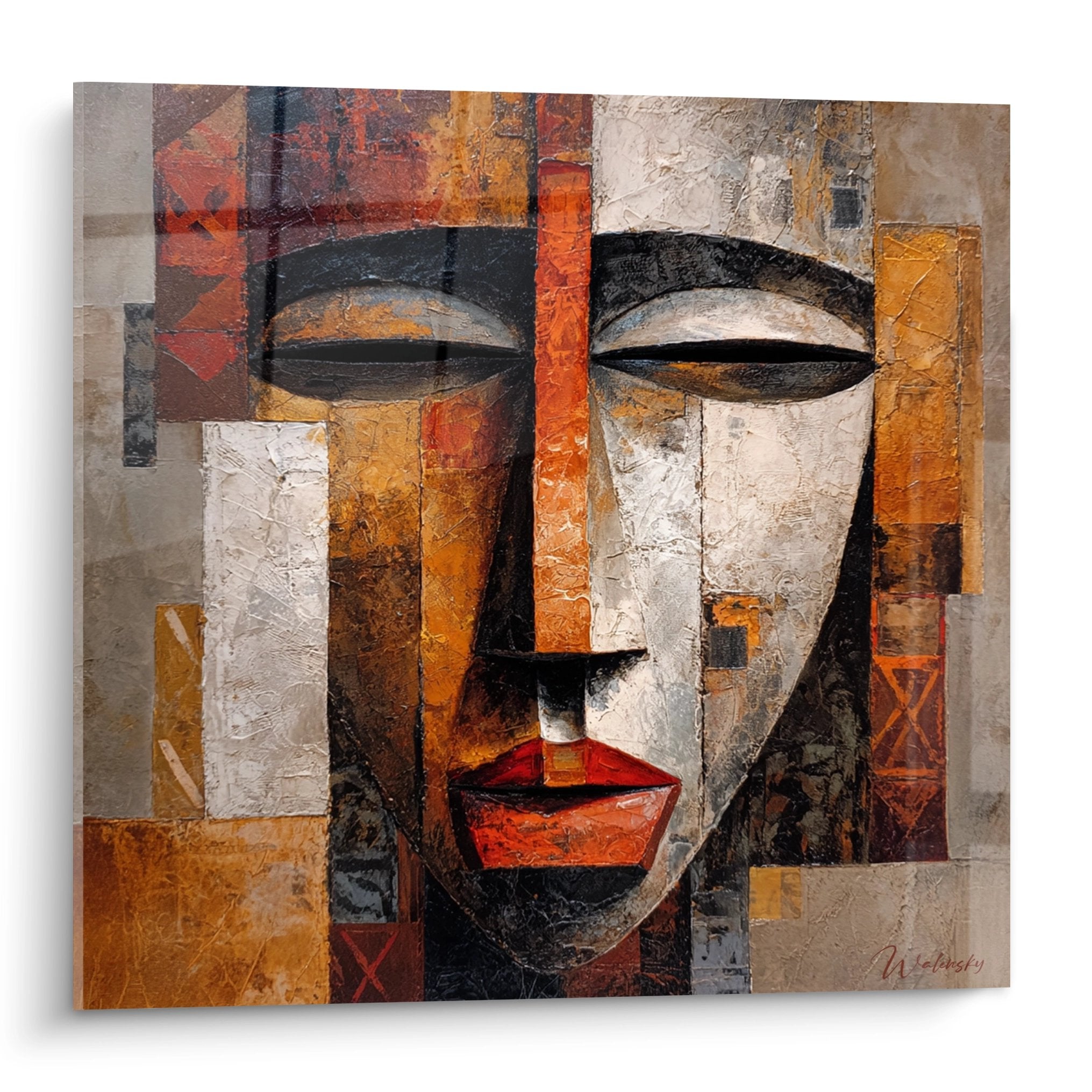 Quadro maschera tribale cubista in tonalità ocra e rosso, arte africana contemporanea per decorazione murale etnica