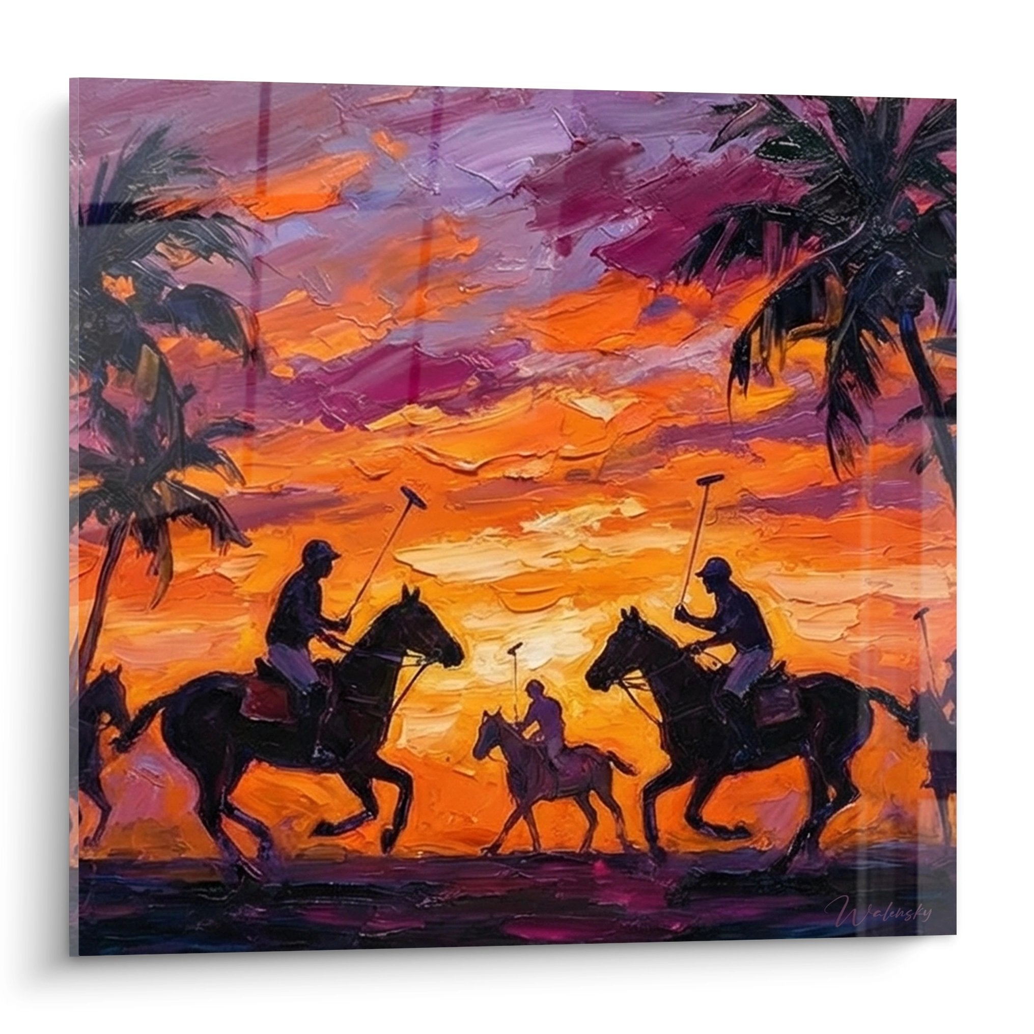 Tropical polo sunset wall art with riders and palm trees in orange and purple tones