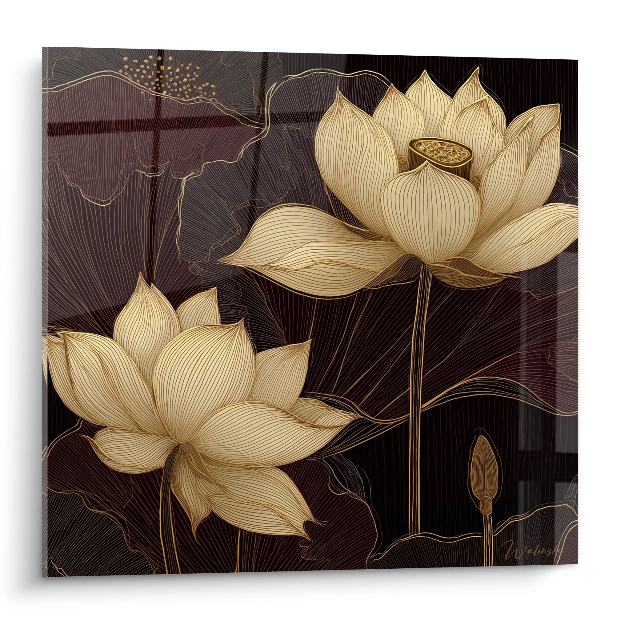 Art deco wall art featuring two golden lotus flowers with finely carved petals on burgundy and black background