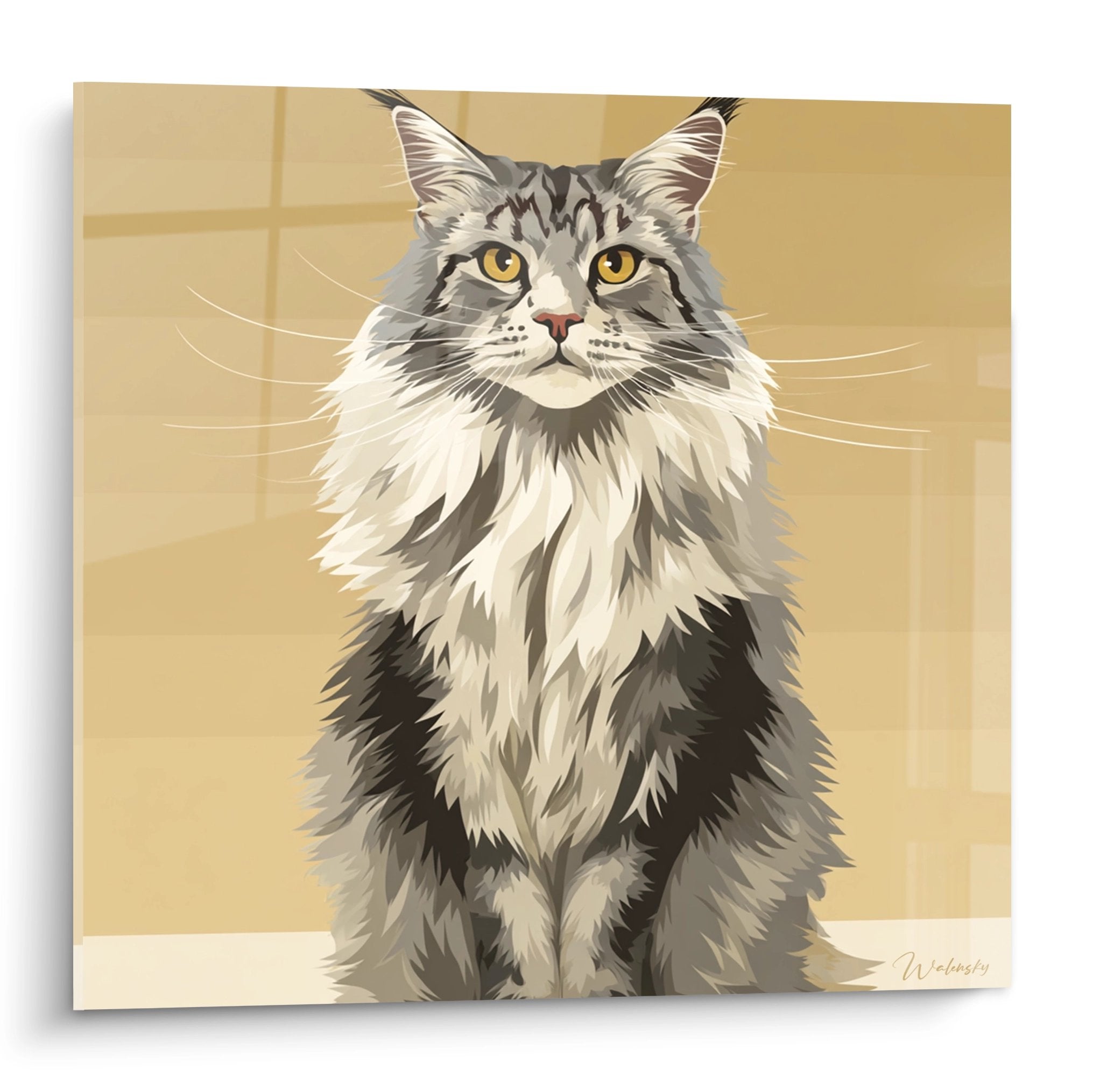 Tableau portrait chat sibérien majestueux aux yeux dorés, pelage gris blanc, style artistique moderne