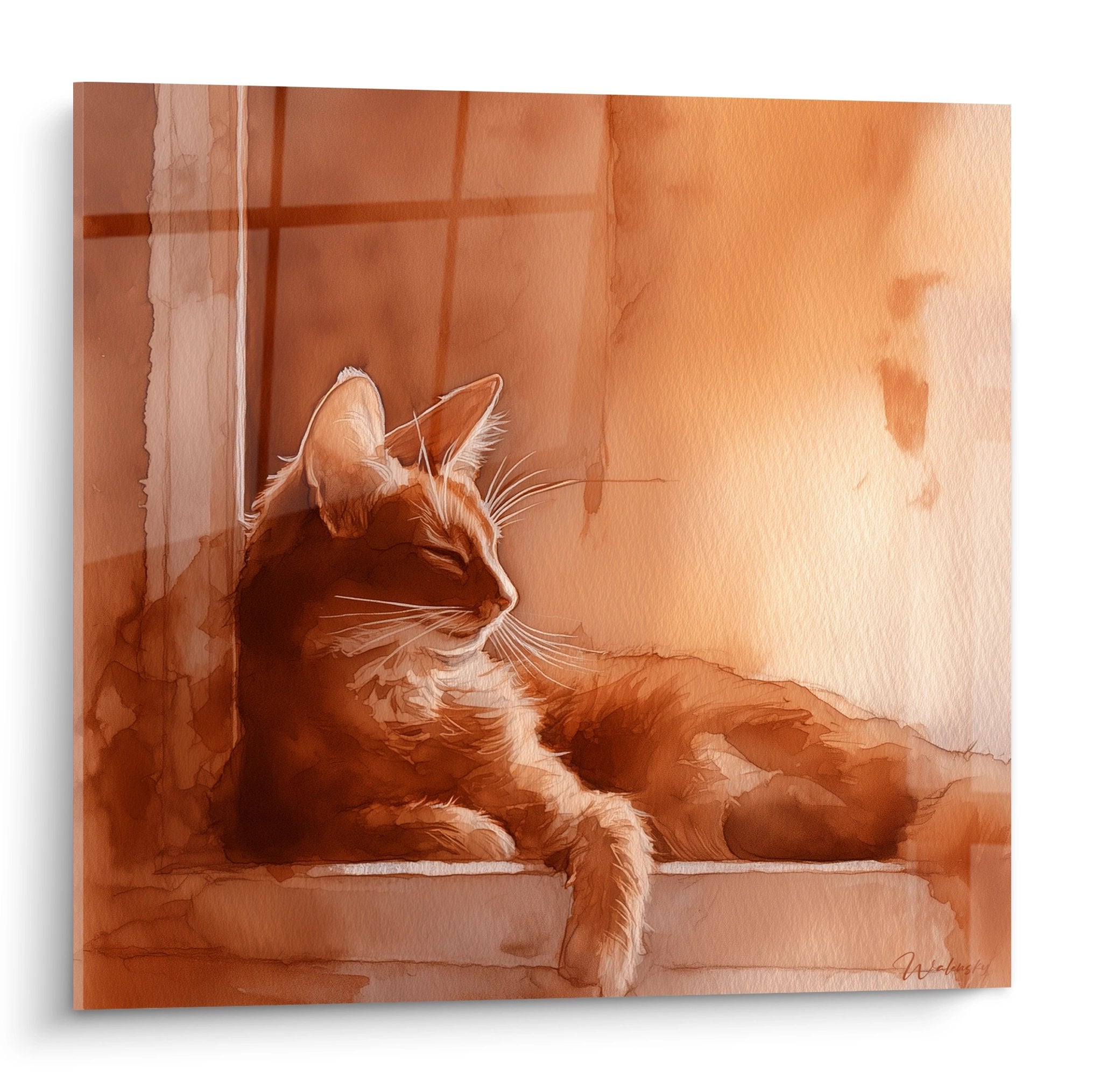 Aquarelle d'un chat Somali roux contemplant par une fenêtre dans une lumière dorée chaude