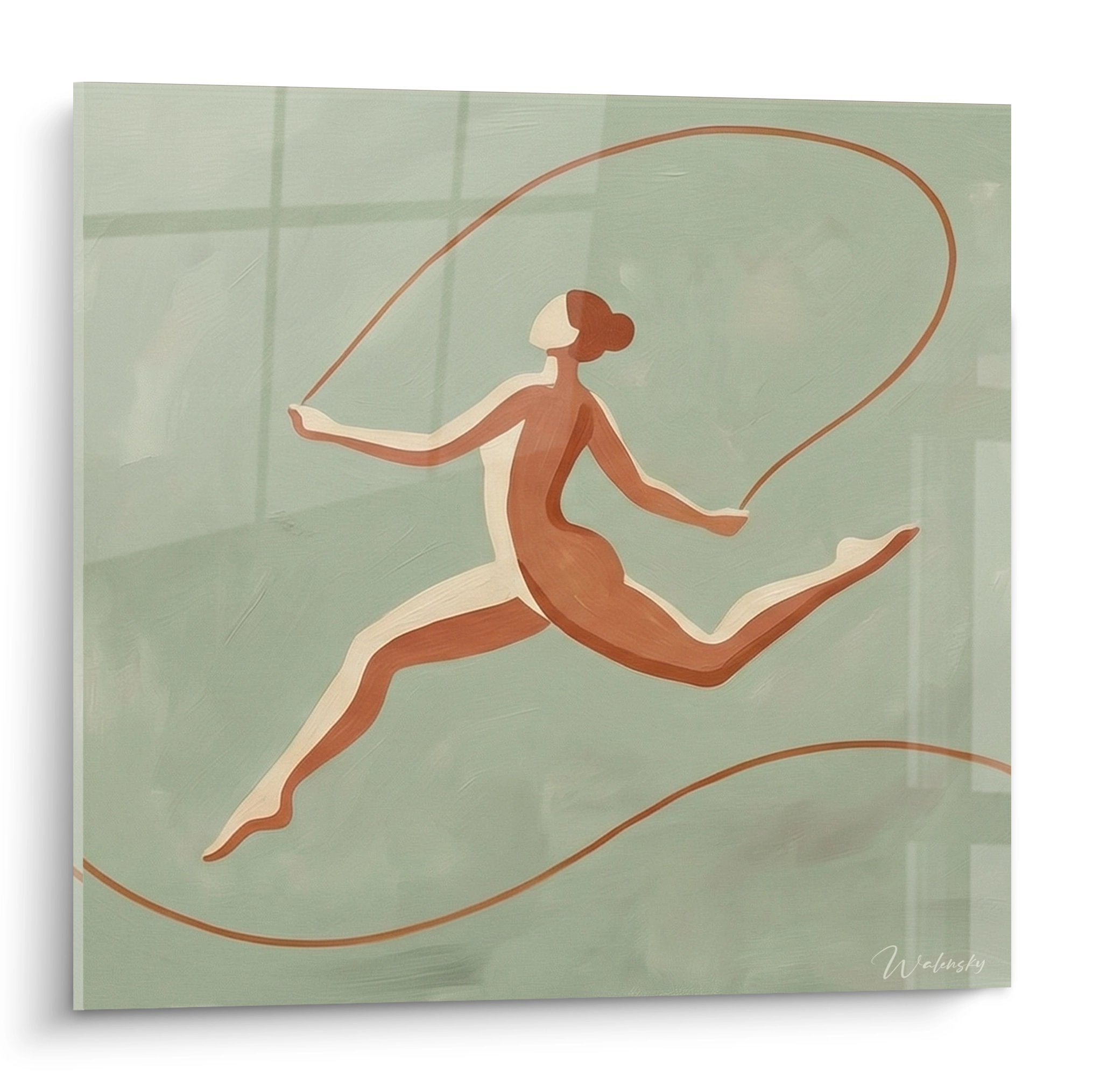 Artistic painting of woman jumping rope on sage green background, minimalist contemporary style