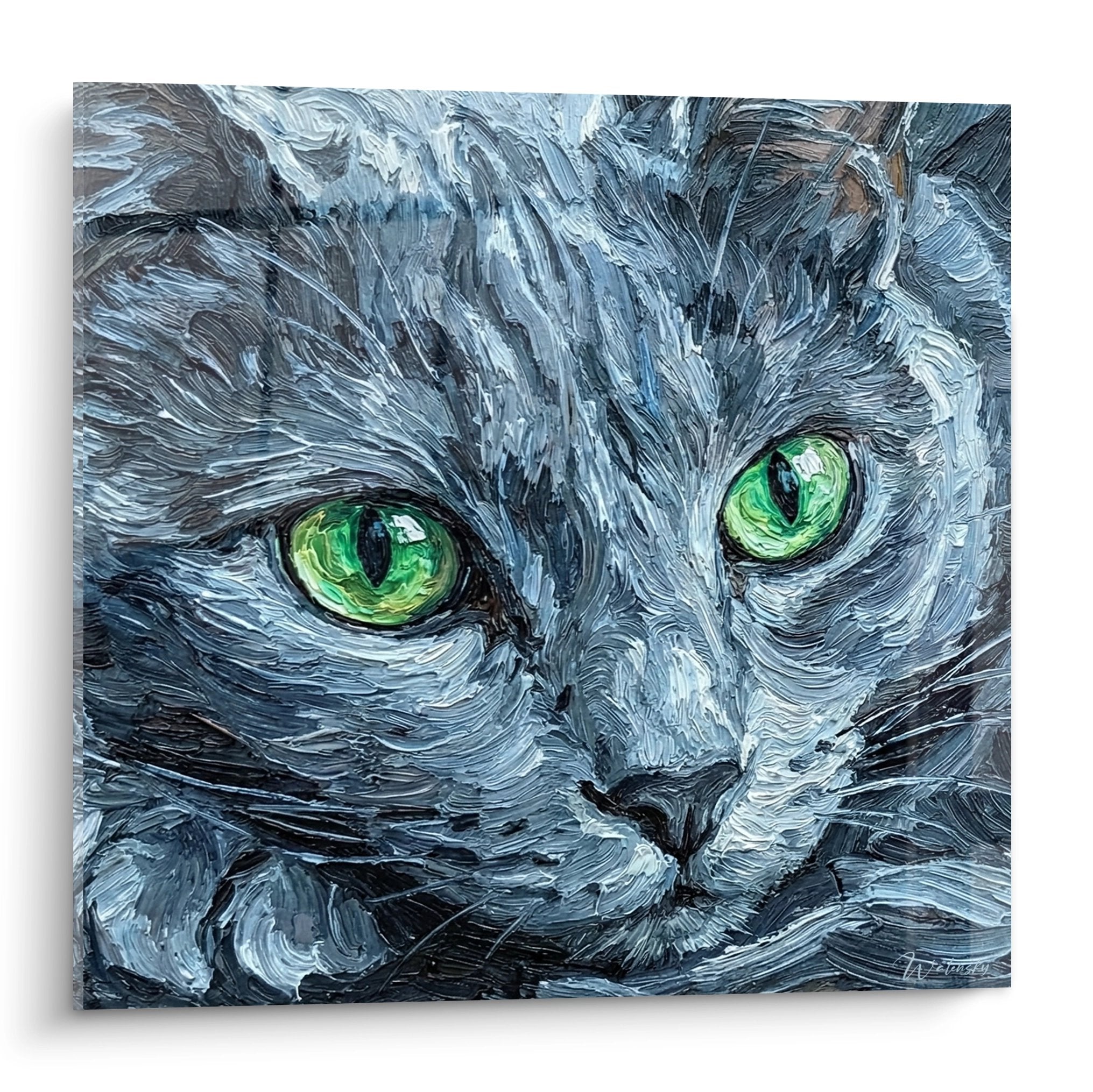 Tableau artistique chat Russian Blue aux yeux verts style impressionniste pour decoration murale
