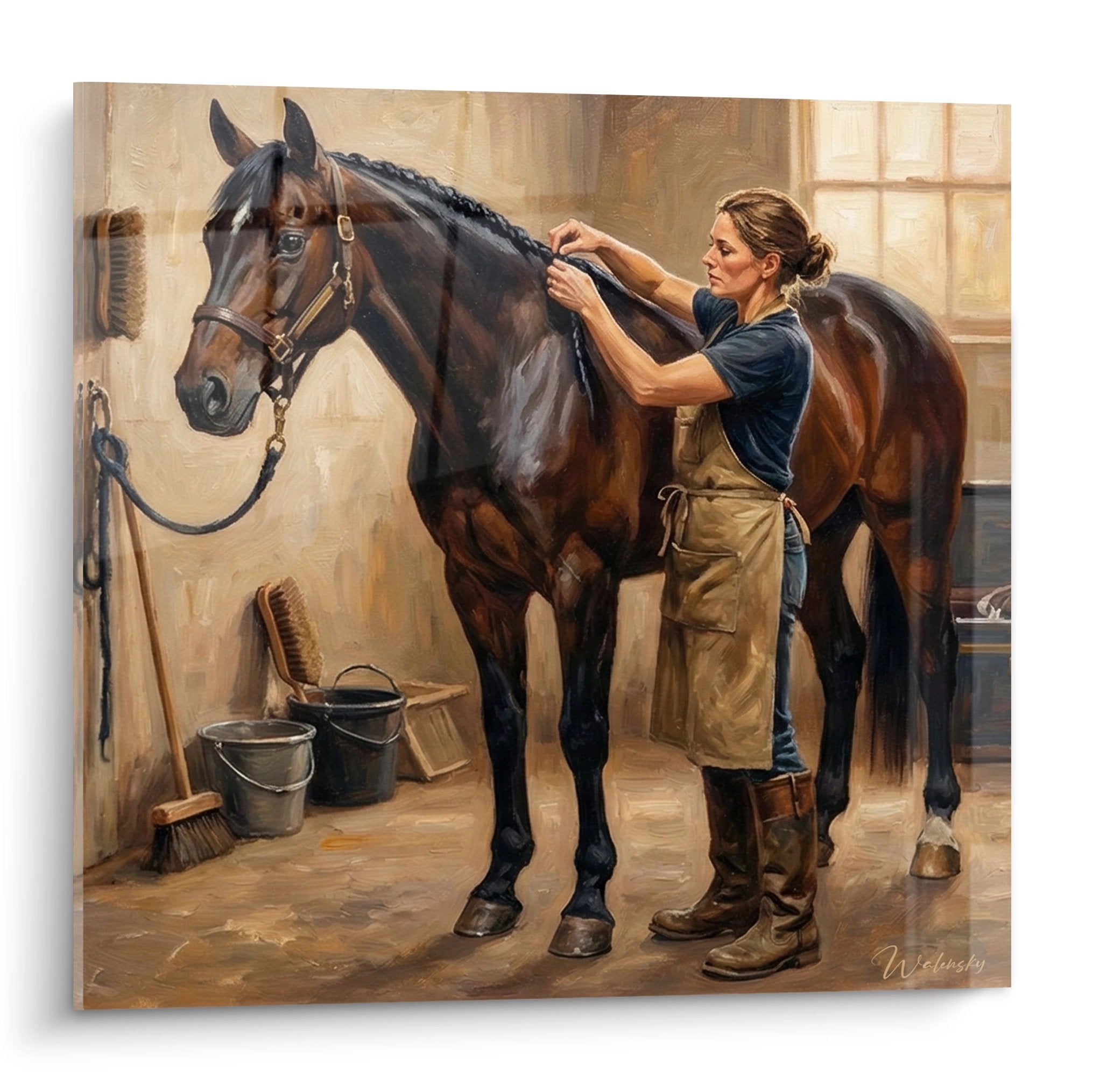 Quadro che rappresenta un palafreniere che si prende cura di un cavallo baio in una scuderia tradizionale con finestra