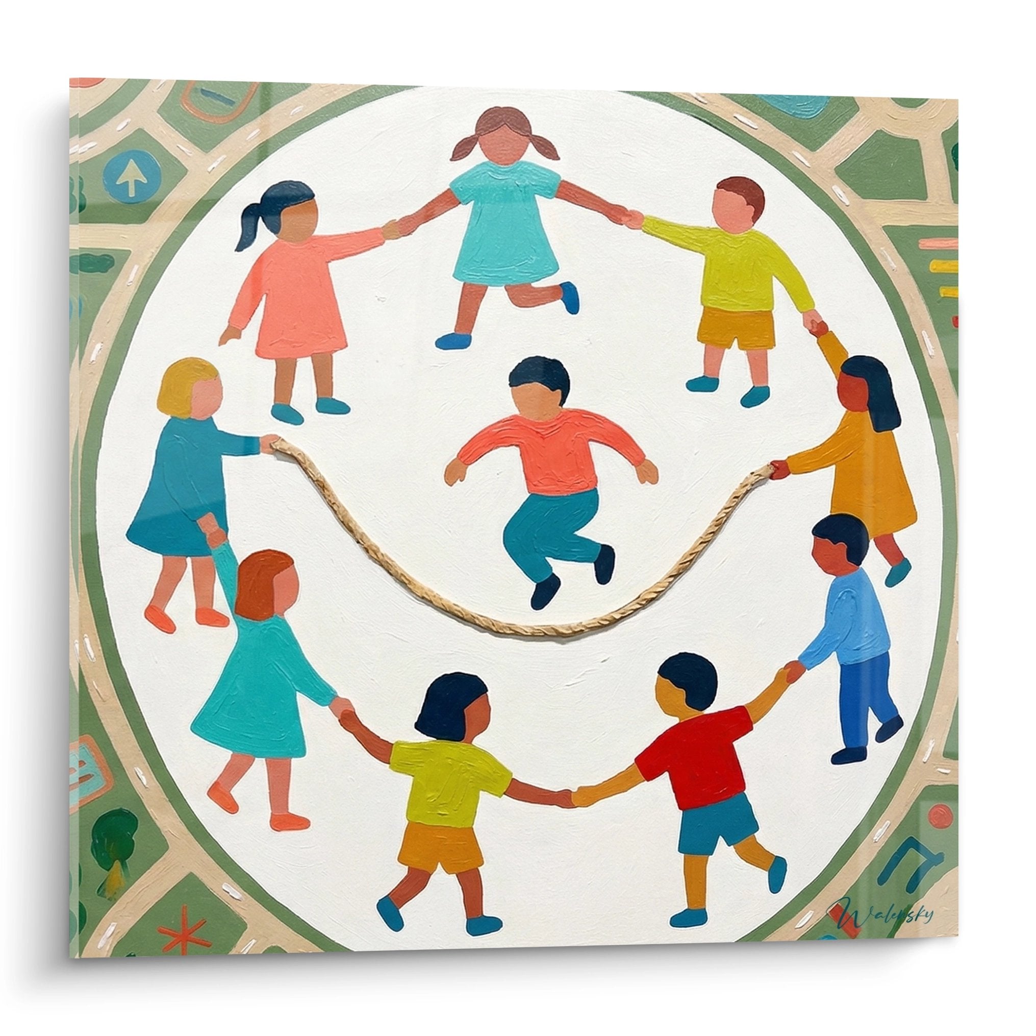 Tableau coloré montrant des enfants en ronde autour de deux camarades jouant à la corde à sauter