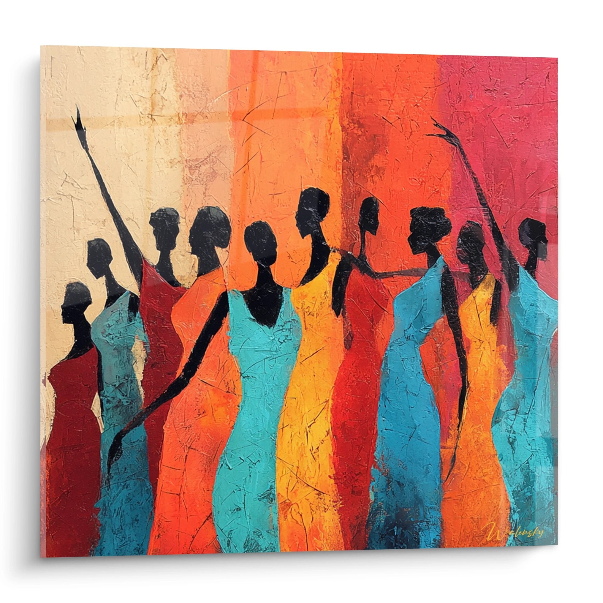 Quadro moderno di ballerine africane, silhouette nere su sfondo colorato turchese arancione rosso