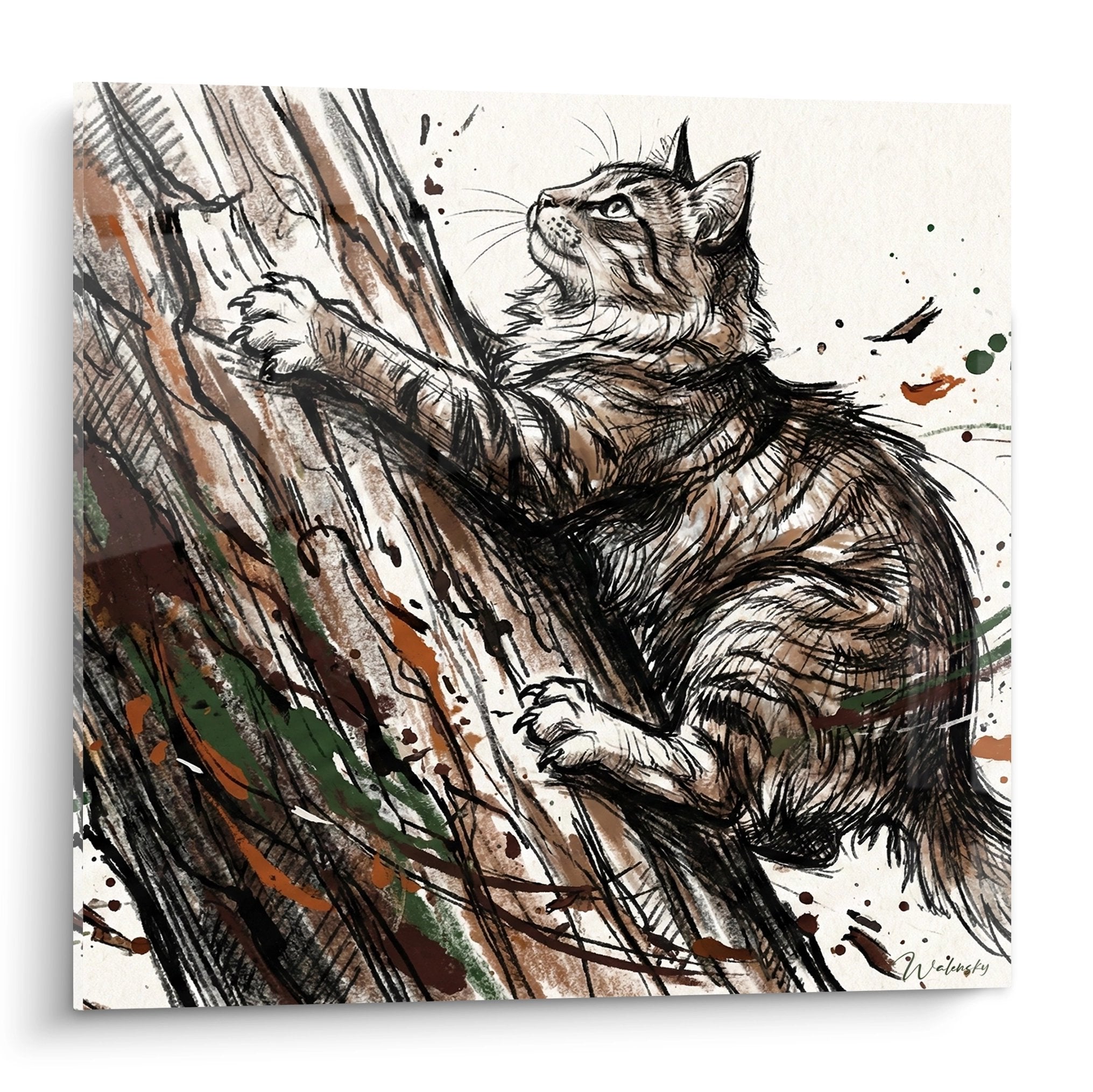Kunstwerk einer Norwegian-Forest-Cat-Katze, die in einem Baum sitzt, mit erdigen Farbtönen