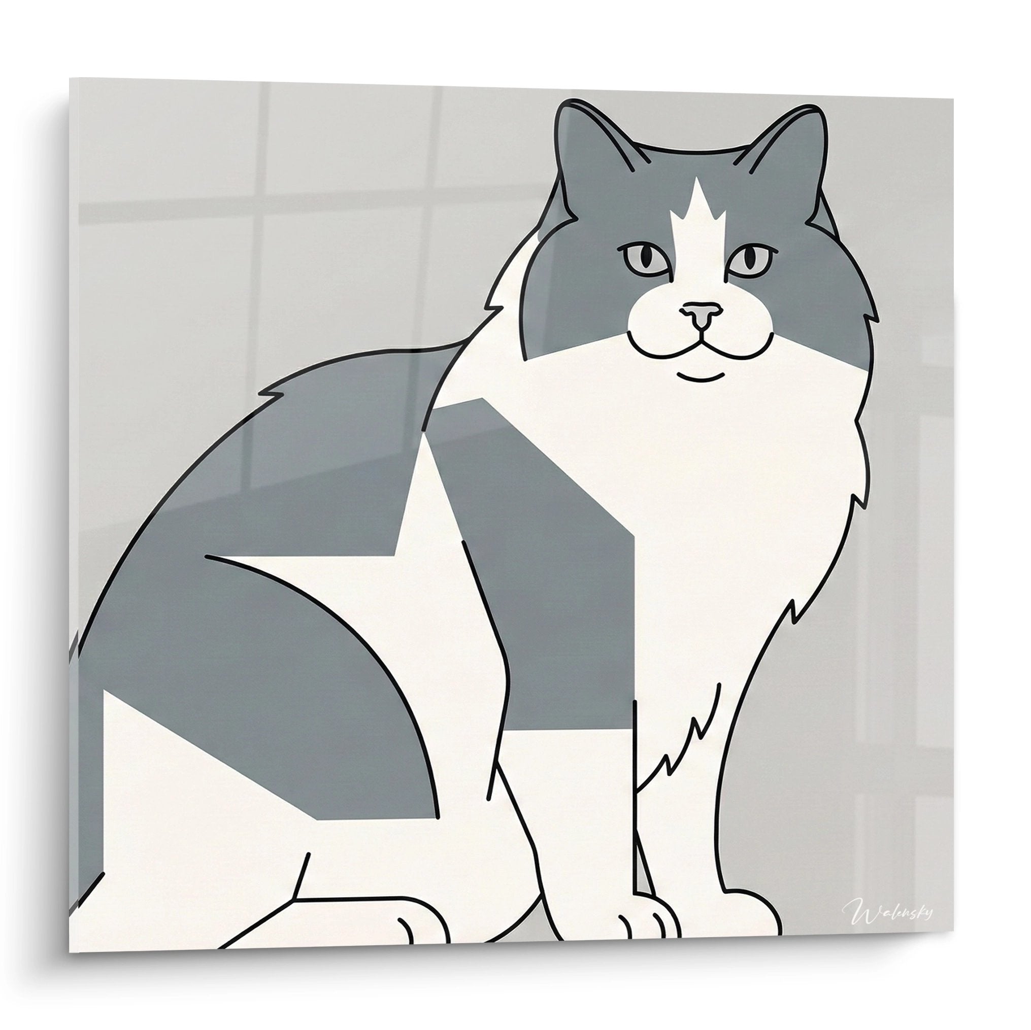 Tableau moderne d'un chat Ragamuffin assis, pelage gris et blanc, style artistique minimaliste sur fond neutre