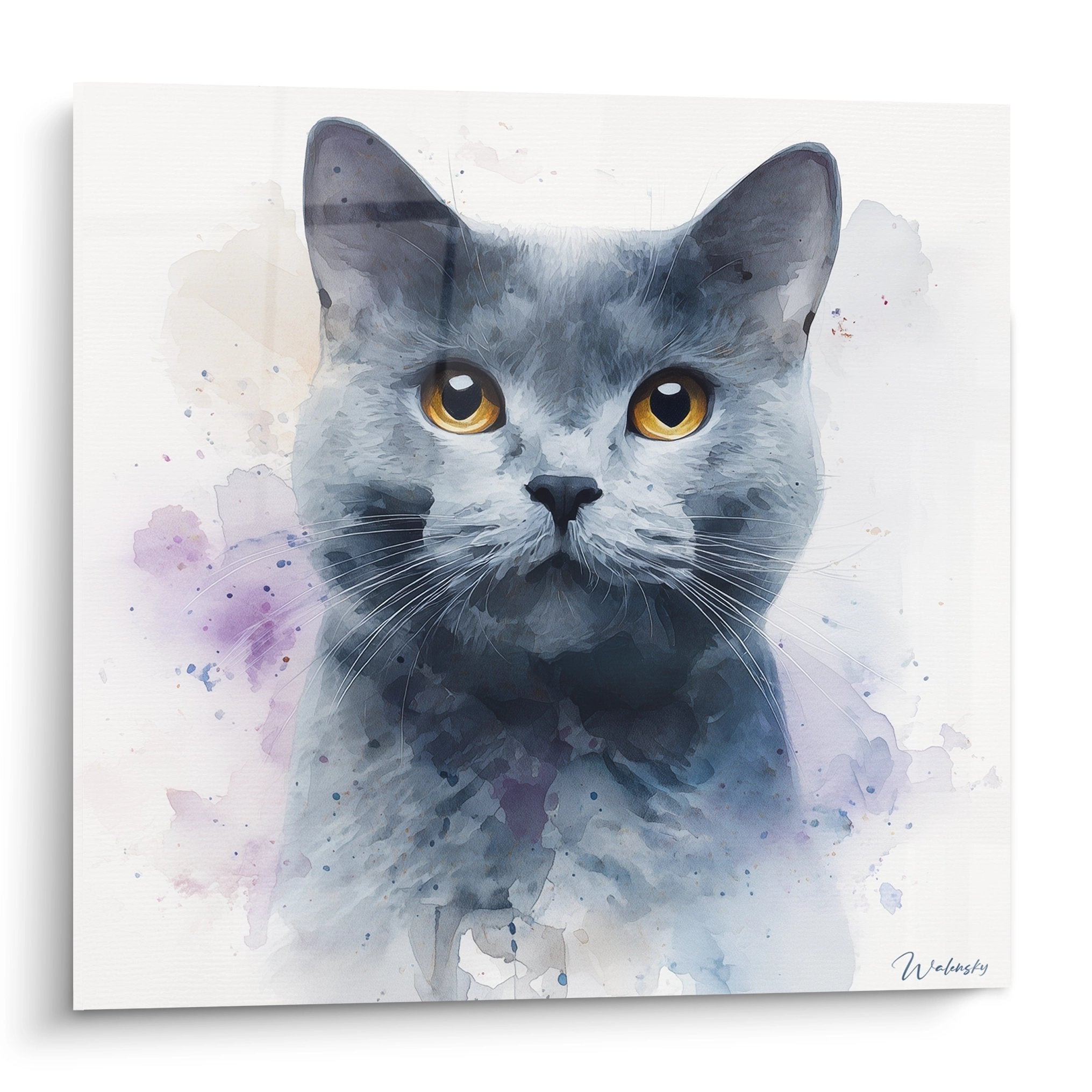 Tableau aquarelle chat Chartreux gris aux yeux dorés, style artistique moderne pour décoration murale