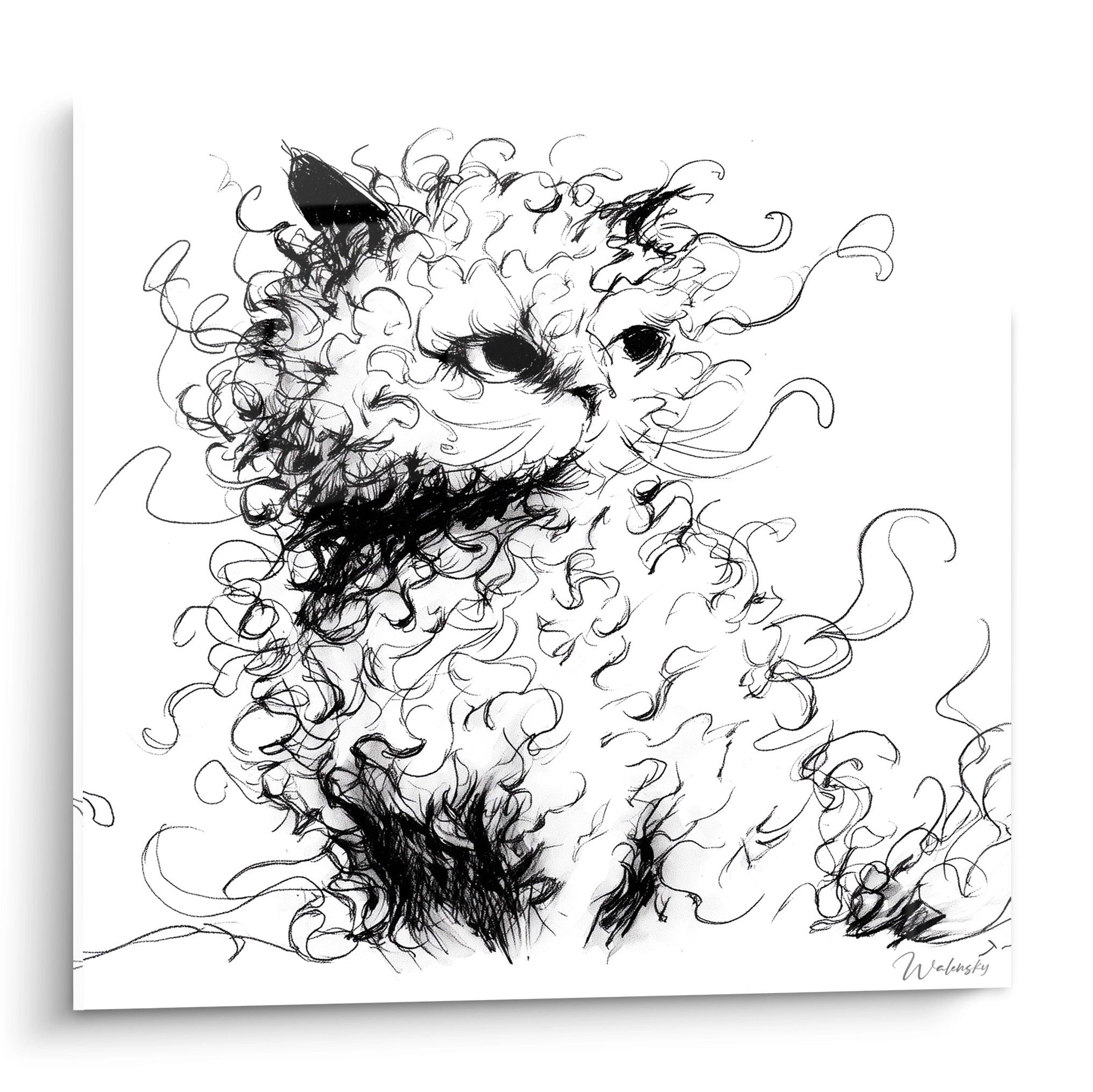Tableau artistique chat Selkirk Rex esquisse noir blanc tourbillonnante style contemporain decoration murale