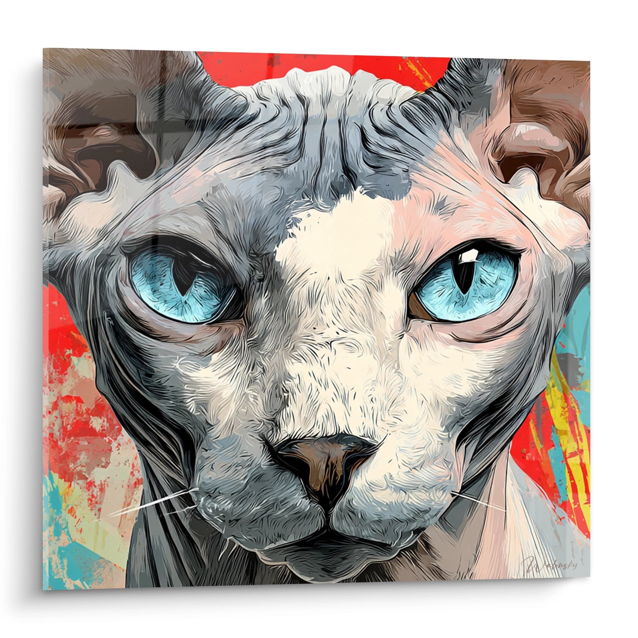 Quadro artistico di un gatto Sphynx con occhi blu penetranti su sfondo colorato rosso e turchese
