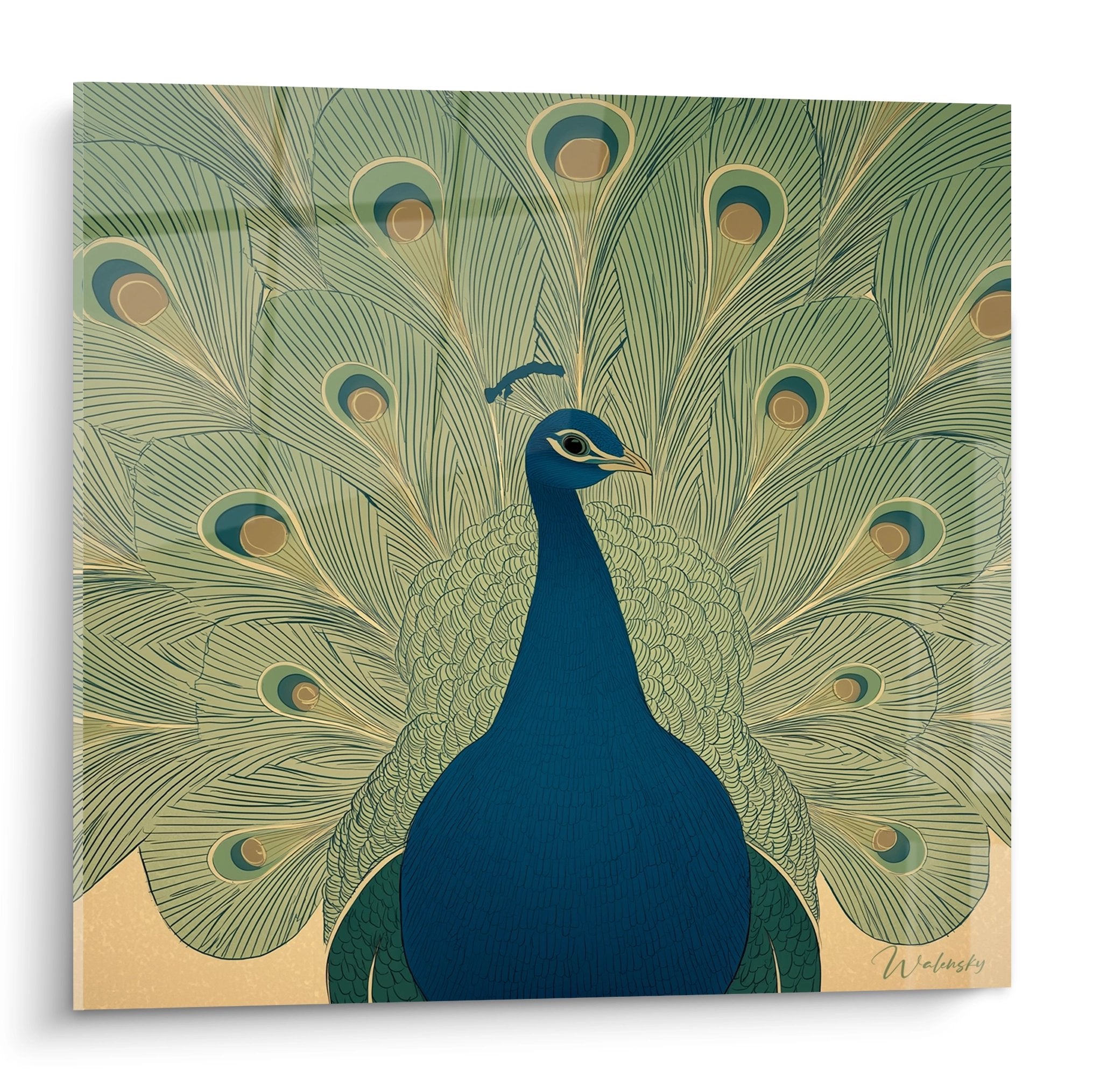 Art-Deco-Gemälde mit königlichem Pfau und ausgebreiteten goldenen Federn auf beigem Hintergrund, eleganter Vintage-Stil