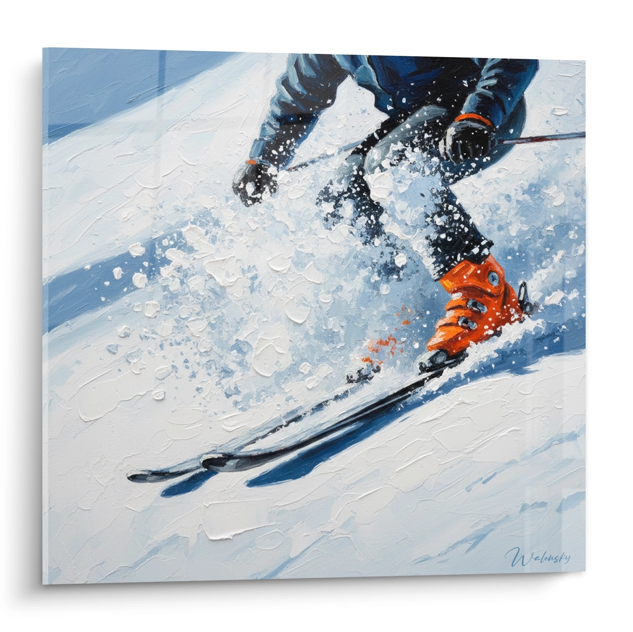 Tableau artistique d'un skieur en action descendant dans la poudreuse avec chaussures orange