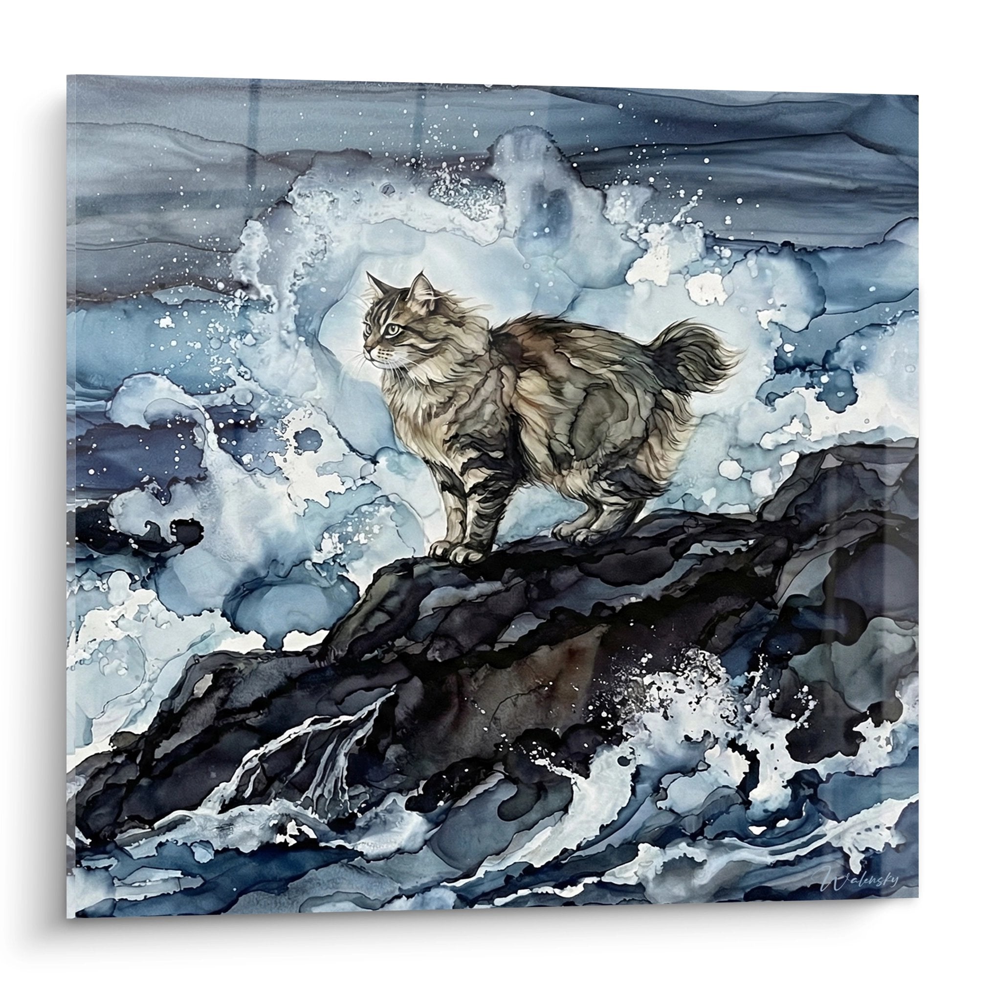 Brown tabby Kurilian Bobtail cat watercolor painting on rocks facing stormy ocean waves blue tones