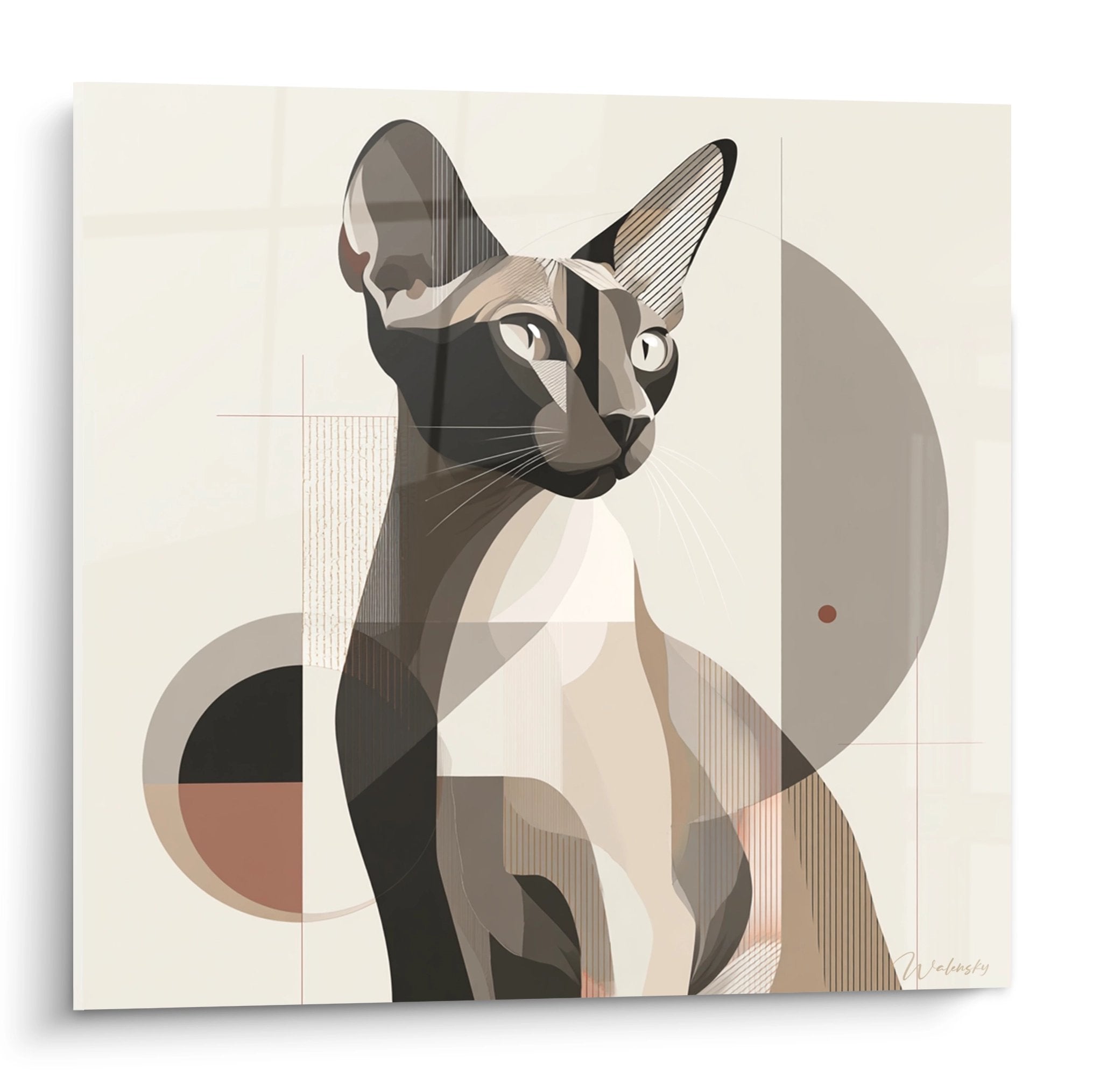 Quadro moderno gatto Sphynx stile geometrico astratto tonalità beige e grigio decorazione murale contemporanea