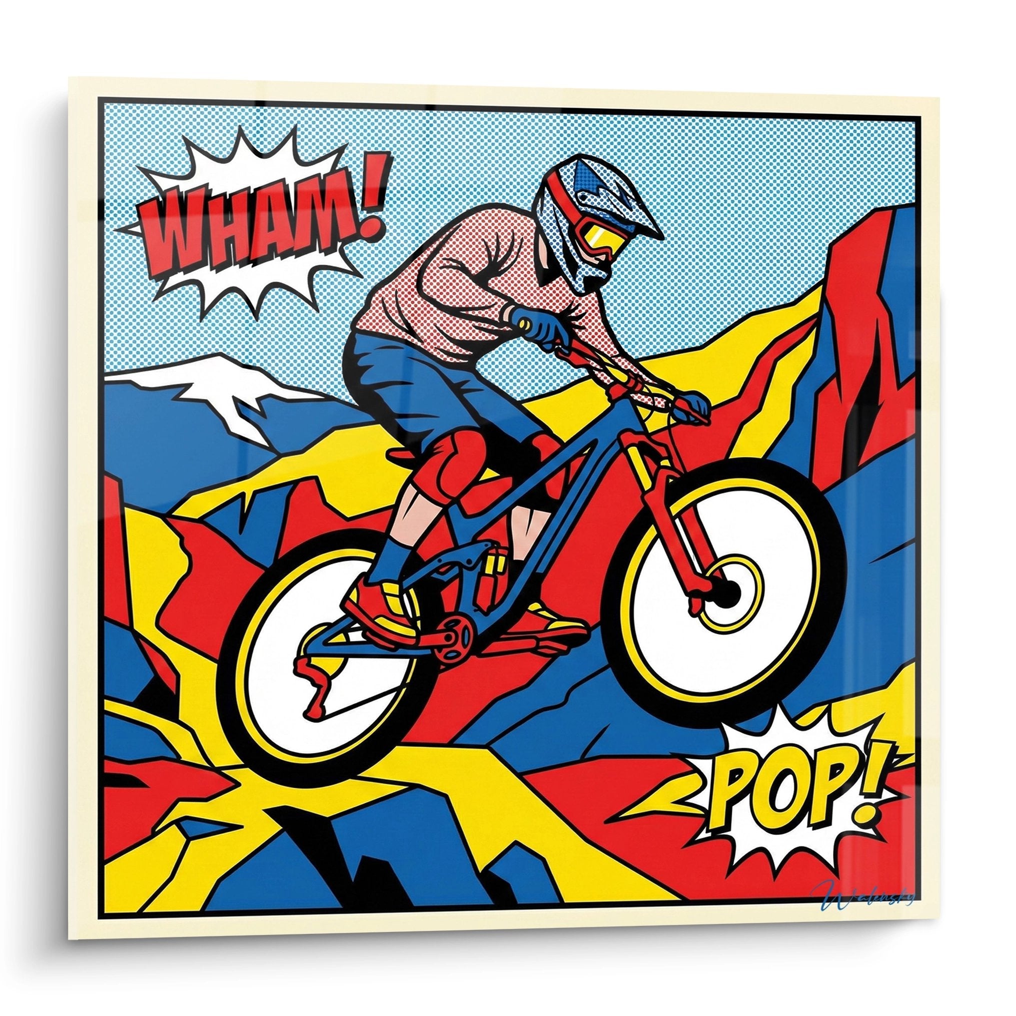 Pop art mountain bike wall art with cyclist in action comic book style, onomatopoeia WHAM POP, cycling wall decoration