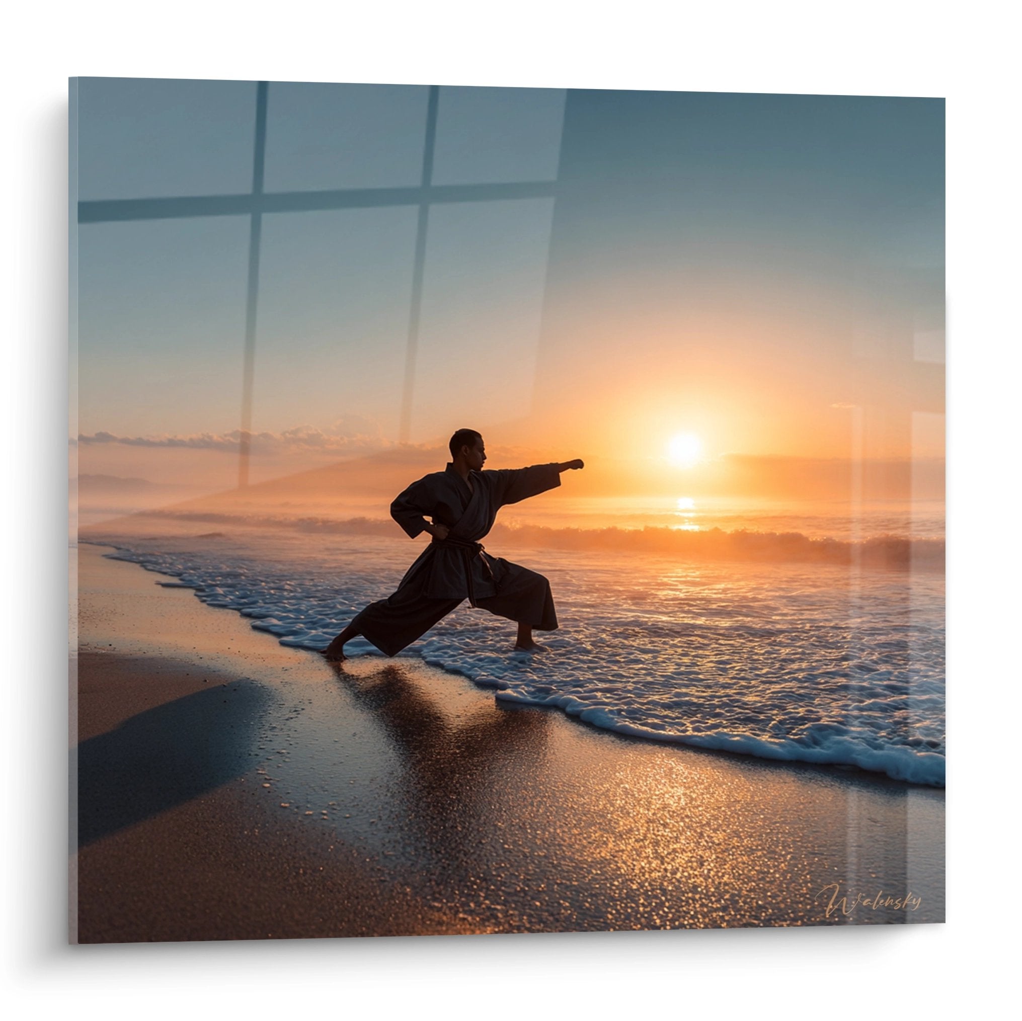 Tableau karateka silhouette coucher soleil plage ocean vagues art martial decoration